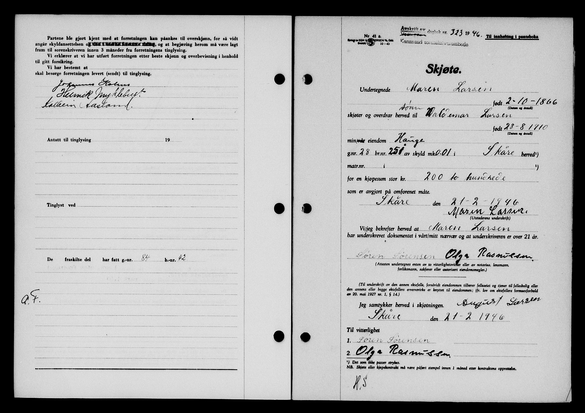 Karmsund sorenskriveri, AV/SAST-A-100311/01/II/IIB/L0085: Mortgage book no. 66A, 1946-1946, Diary no: : 323/1946