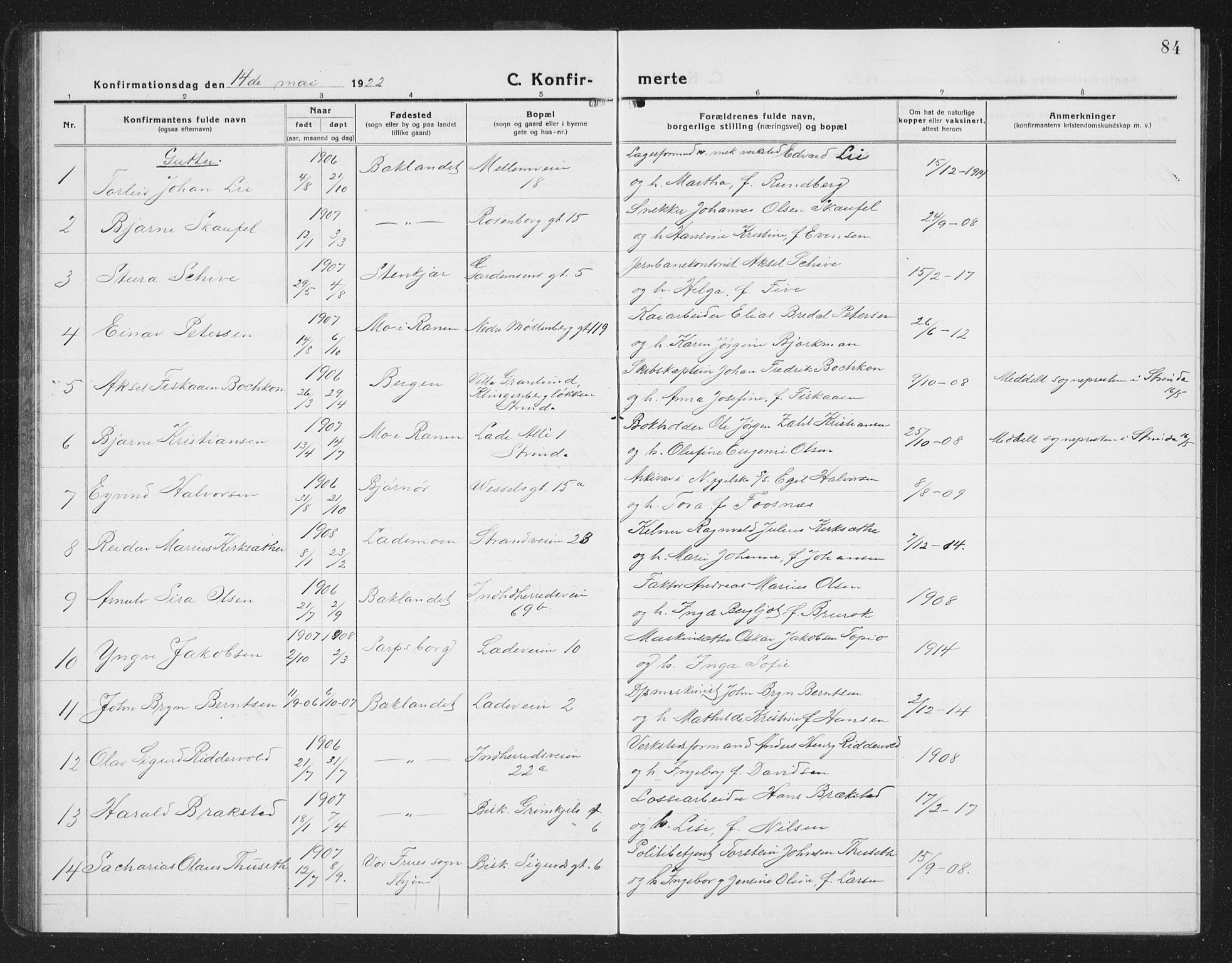 Ministerialprotokoller, klokkerbøker og fødselsregistre - Sør-Trøndelag, SAT/A-1456/605/L0258: Parish register (copy) no. 605C05, 1918-1930, p. 84