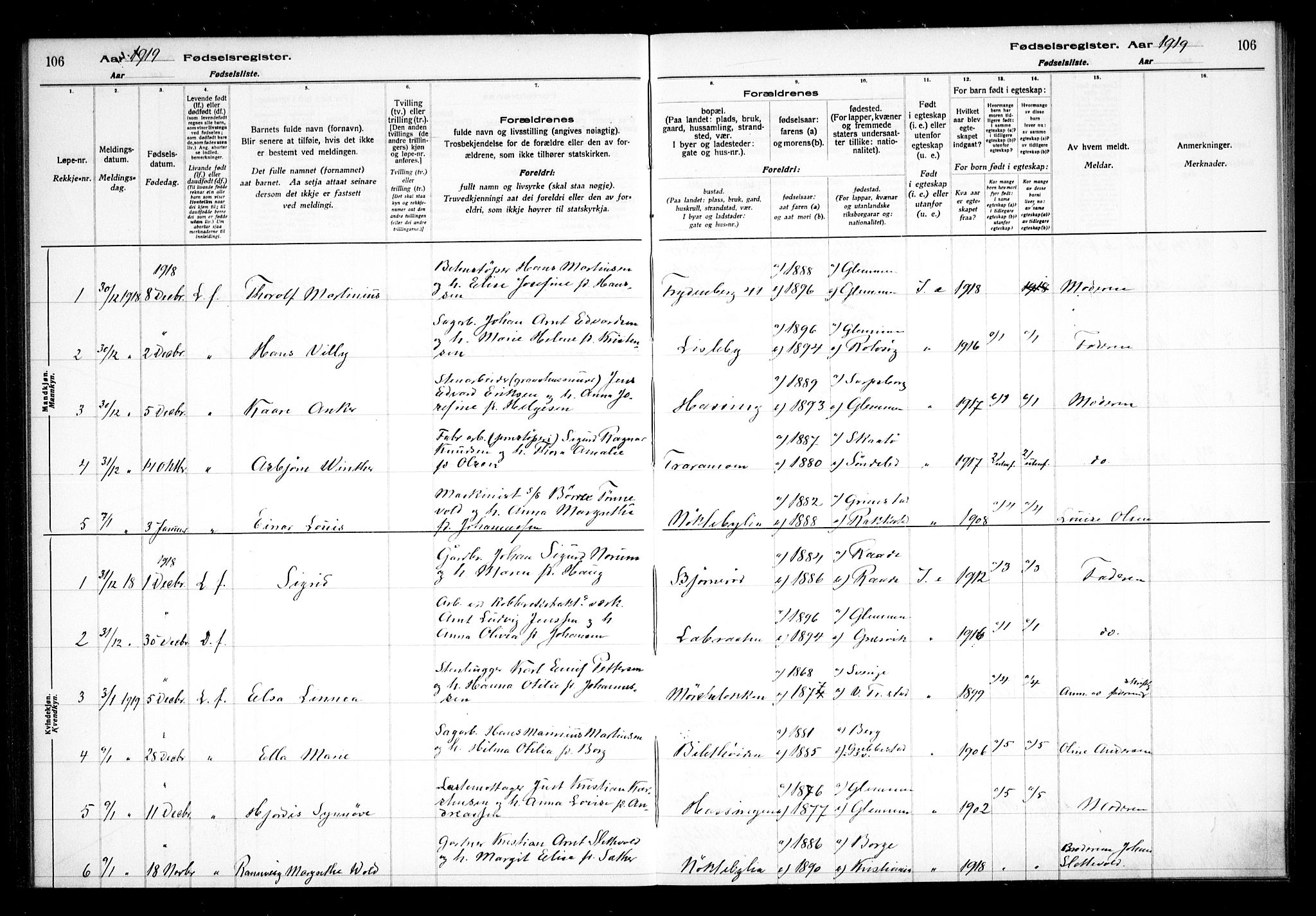 Glemmen prestekontor Kirkebøker, AV/SAO-A-10908/J/Ja/L0001: Birth register no. I 1, 1916-1922, p. 106