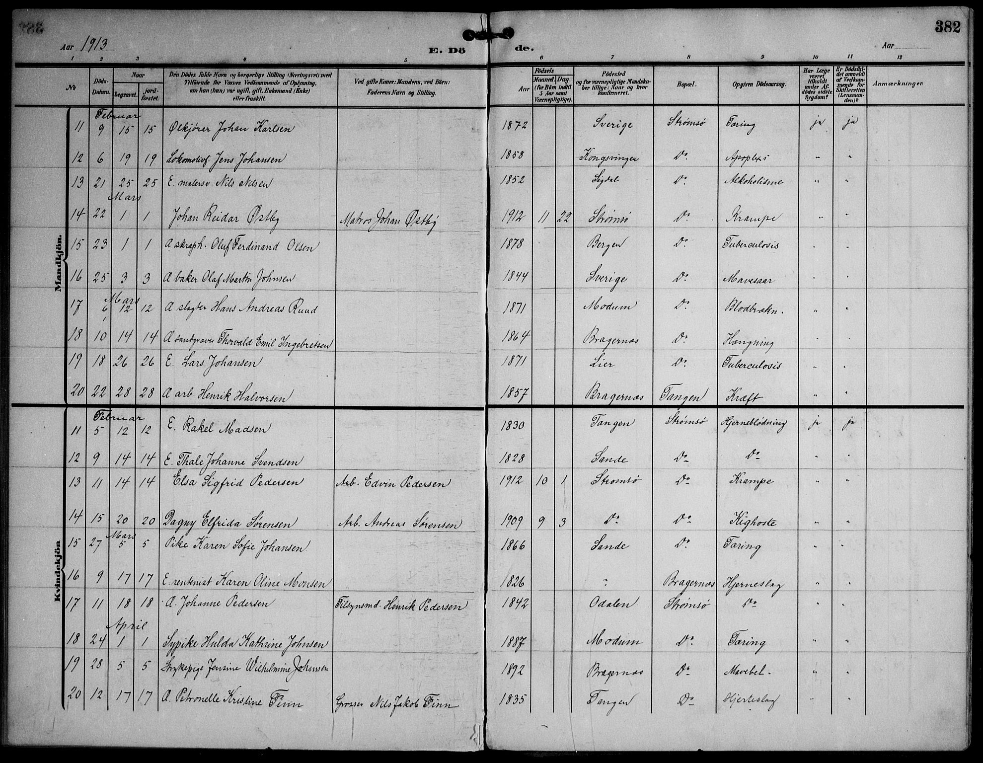 Strømsø kirkebøker, AV/SAKO-A-246/F/Fa/L0026: Parish register (official) no. I 26, 1905-1914, p. 382