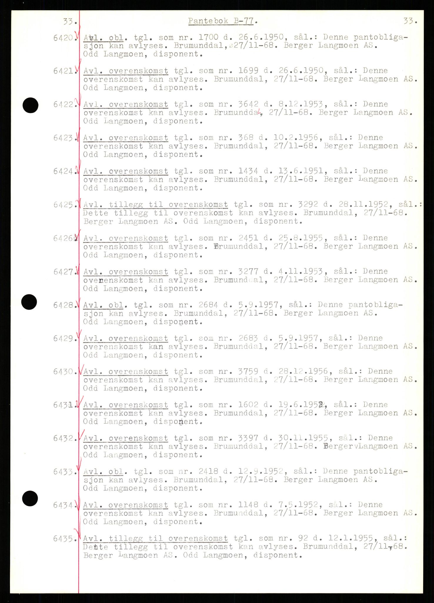 Nord-Hedmark sorenskriveri, SAH/TING-012/H/Hb/Hbf/L0077: Mortgage book no. B77, 1968-1969, Diary no: : 6420/1968