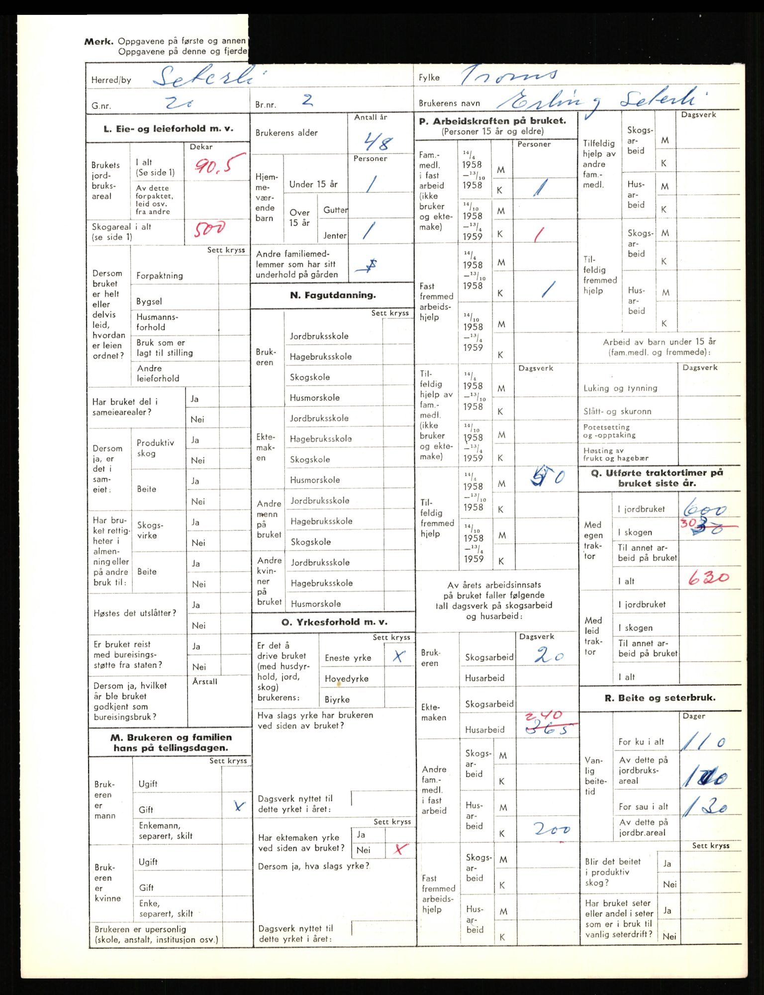 Statistisk sentralbyrå, Næringsøkonomiske emner, Jordbruk, skogbruk, jakt, fiske og fangst, AV/RA-S-2234/G/Gd/L0656: Troms: 1924 Målselv (kl. 0-3) og 1925 Sørreisa, 1959, p. 2104