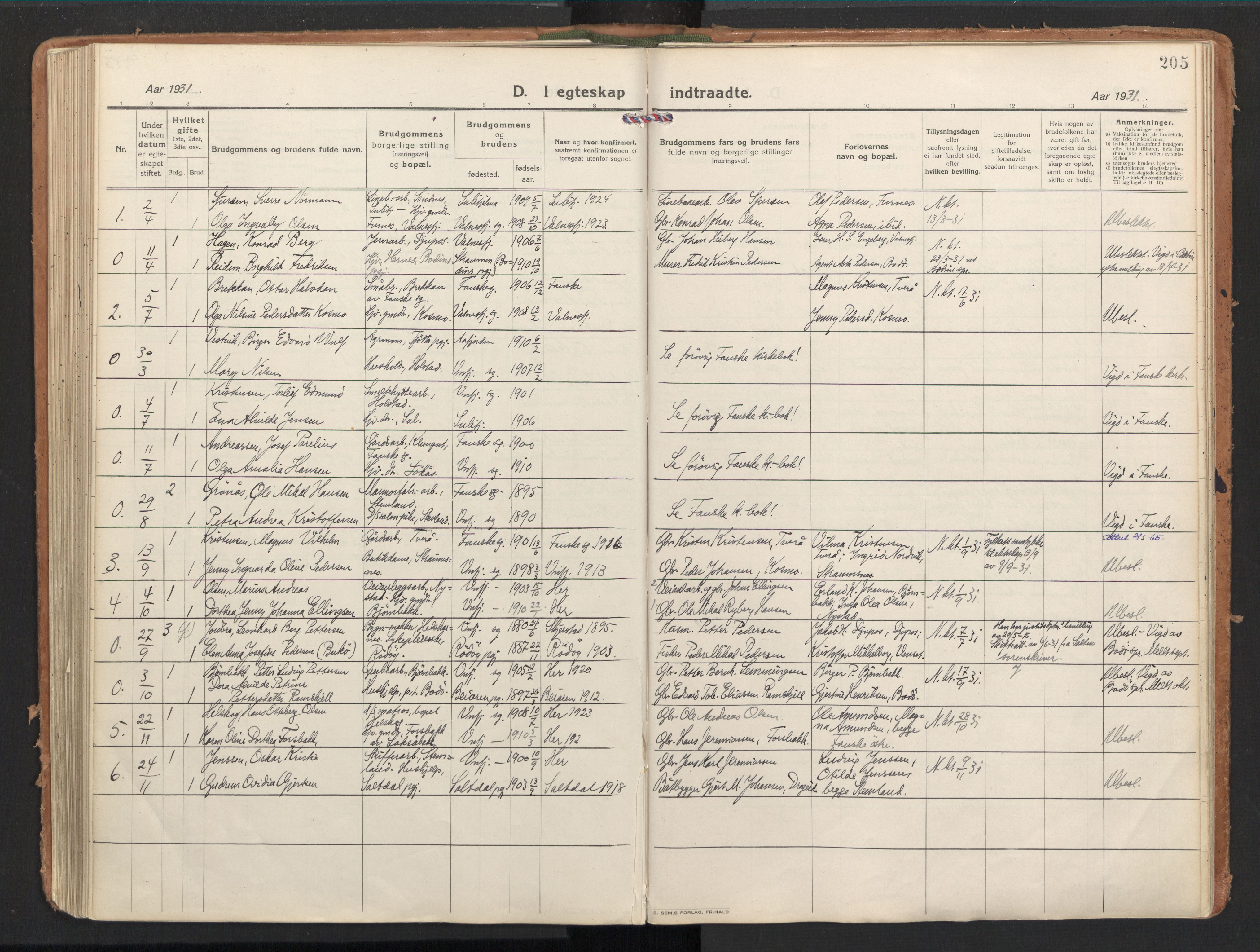 Ministerialprotokoller, klokkerbøker og fødselsregistre - Nordland, SAT/A-1459/851/L0725: Parish register (official) no. 851A02, 1922-1944, p. 205