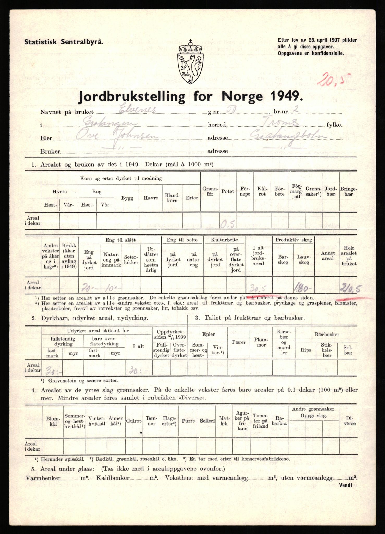 Statistisk sentralbyrå, Næringsøkonomiske emner, Jordbruk, skogbruk, jakt, fiske og fangst, AV/RA-S-2234/G/Gc/L0437: Troms: Gratangen og Lavangen, 1949, p. 1120