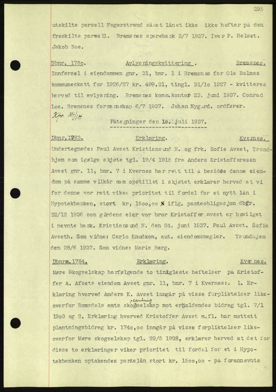 Nordmøre sorenskriveri, AV/SAT-A-4132/1/2/2Ca: Mortgage book no. C80, 1936-1939, Diary no: : 1780/1937