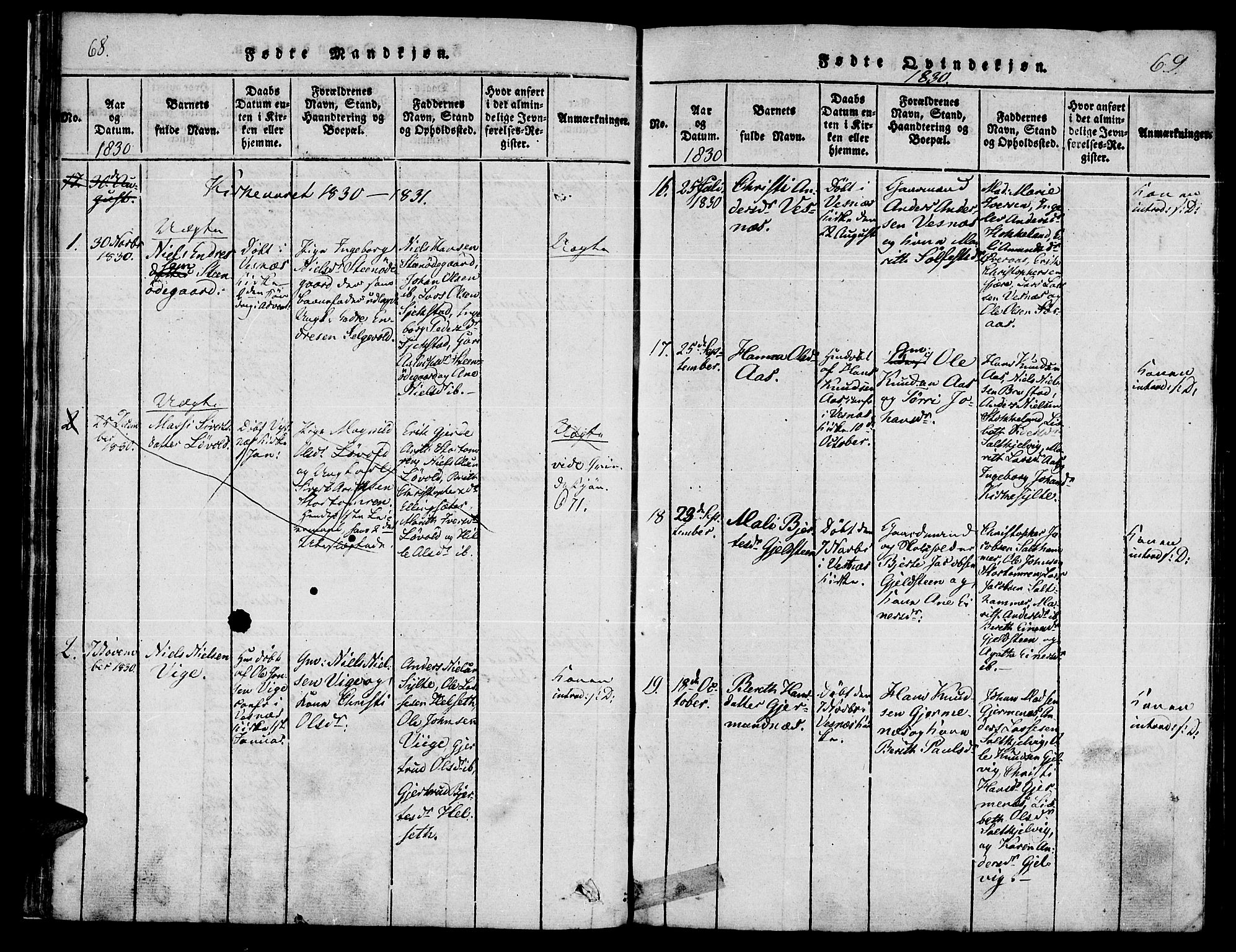 Ministerialprotokoller, klokkerbøker og fødselsregistre - Møre og Romsdal, AV/SAT-A-1454/539/L0528: Parish register (official) no. 539A01, 1818-1847, p. 68-69