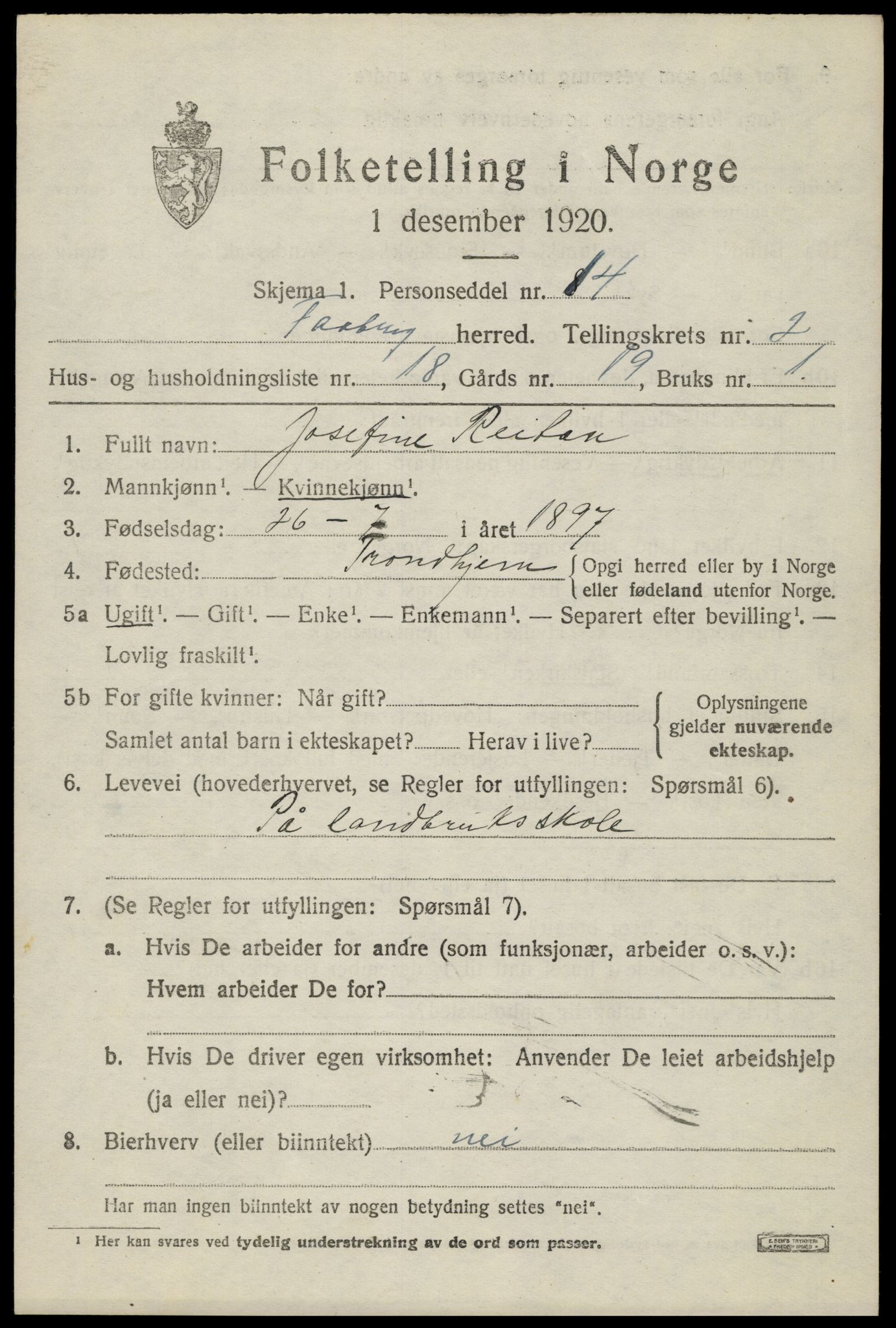 SAH, 1920 census for Fåberg, 1920, p. 3454