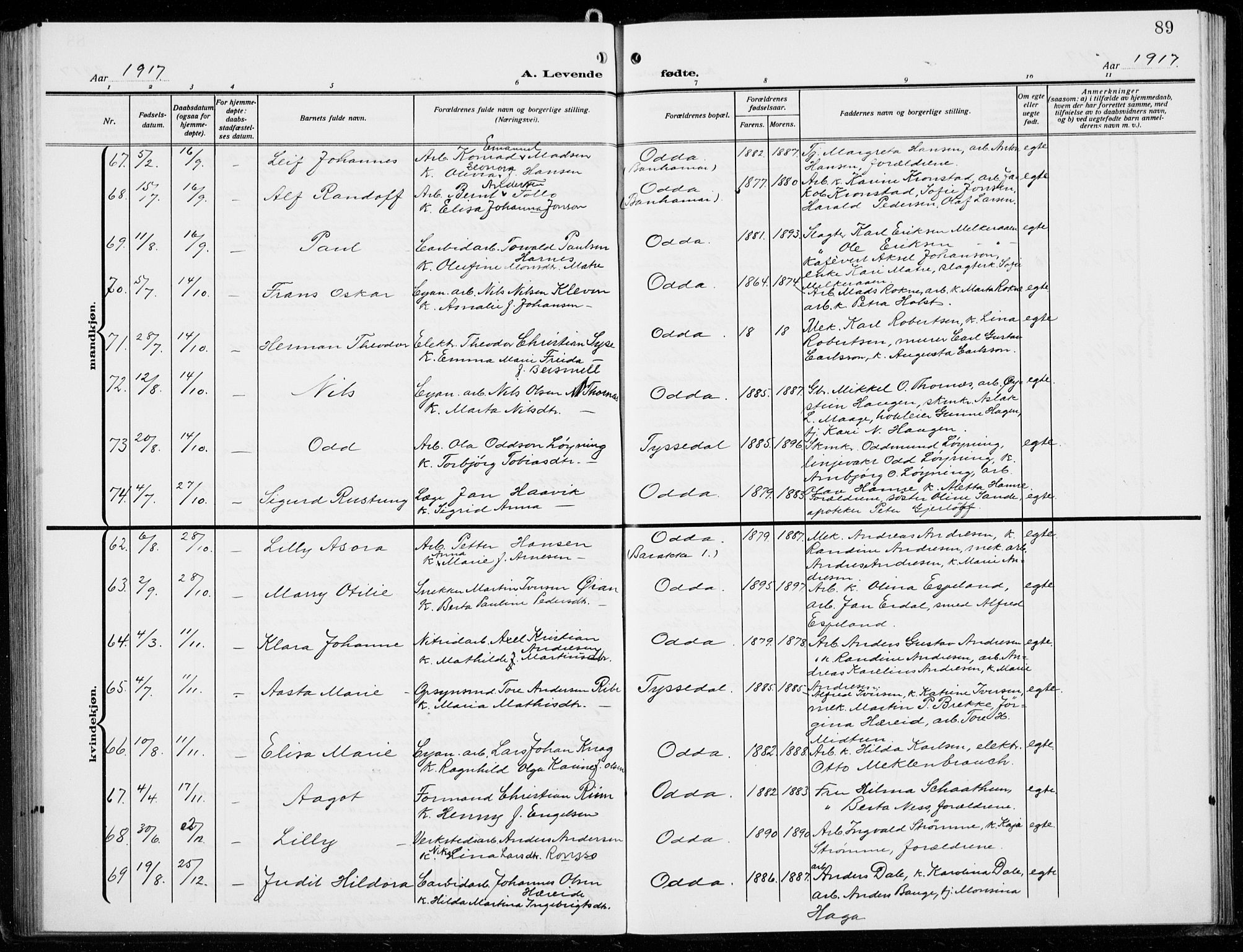 Odda Sokneprestembete, SAB/A-77201/H/Hab: Parish register (copy) no. B  2, 1910-1923, p. 89