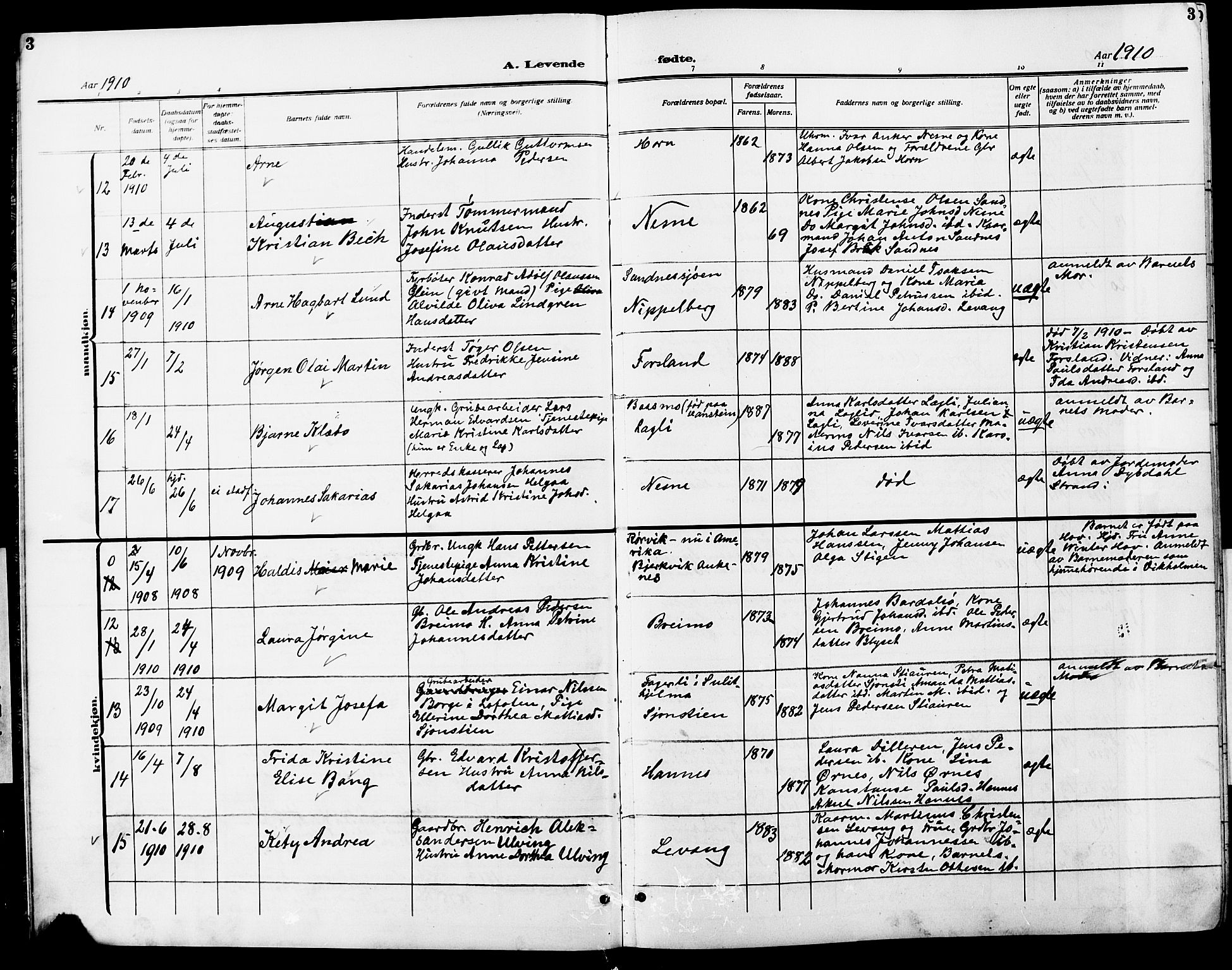 Ministerialprotokoller, klokkerbøker og fødselsregistre - Nordland, AV/SAT-A-1459/838/L0560: Parish register (copy) no. 838C07, 1910-1928, p. 3