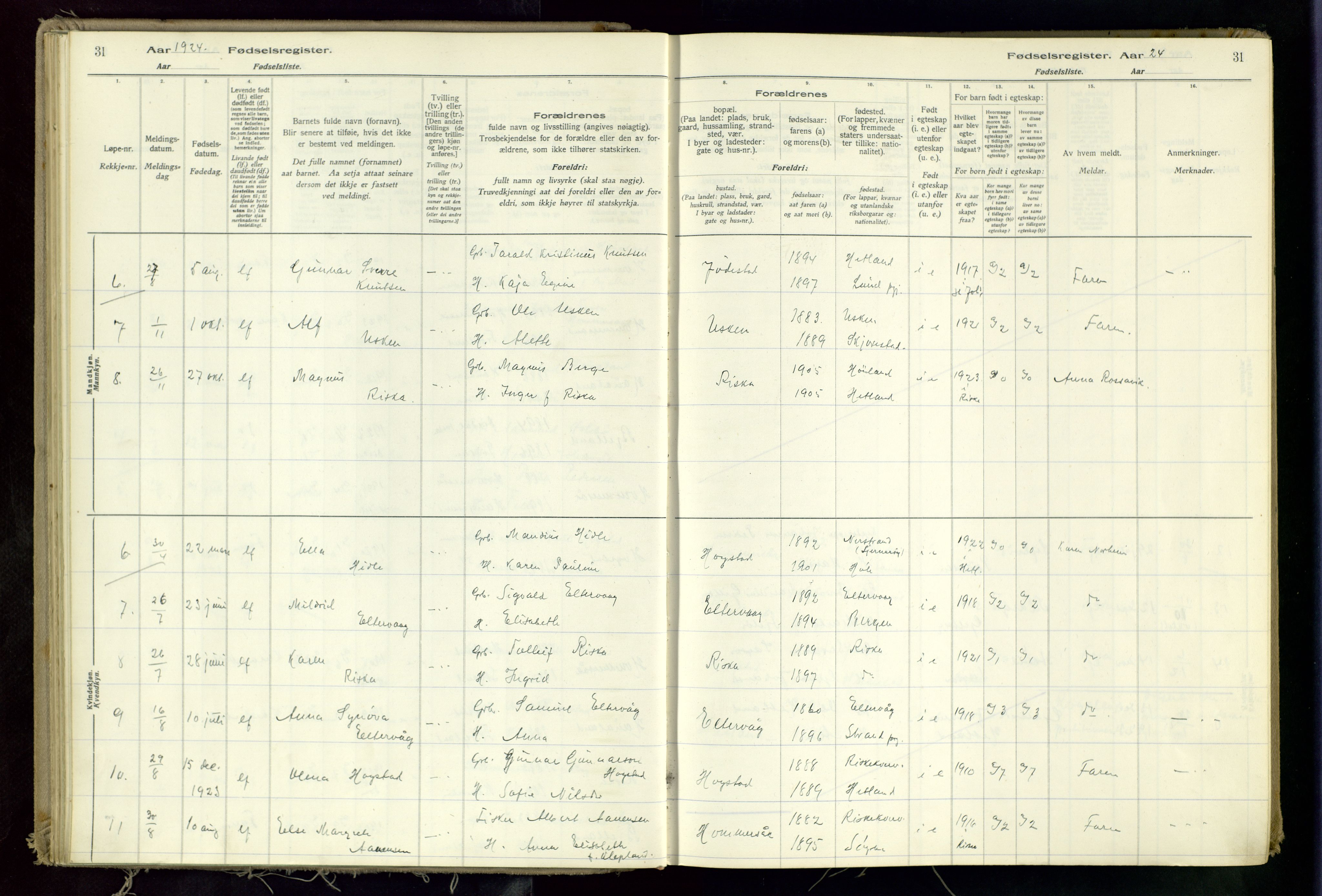 Hetland sokneprestkontor, SAST/A-101826/70/704BA/L0002: Birth register no. 2, 1916-1968, p. 31