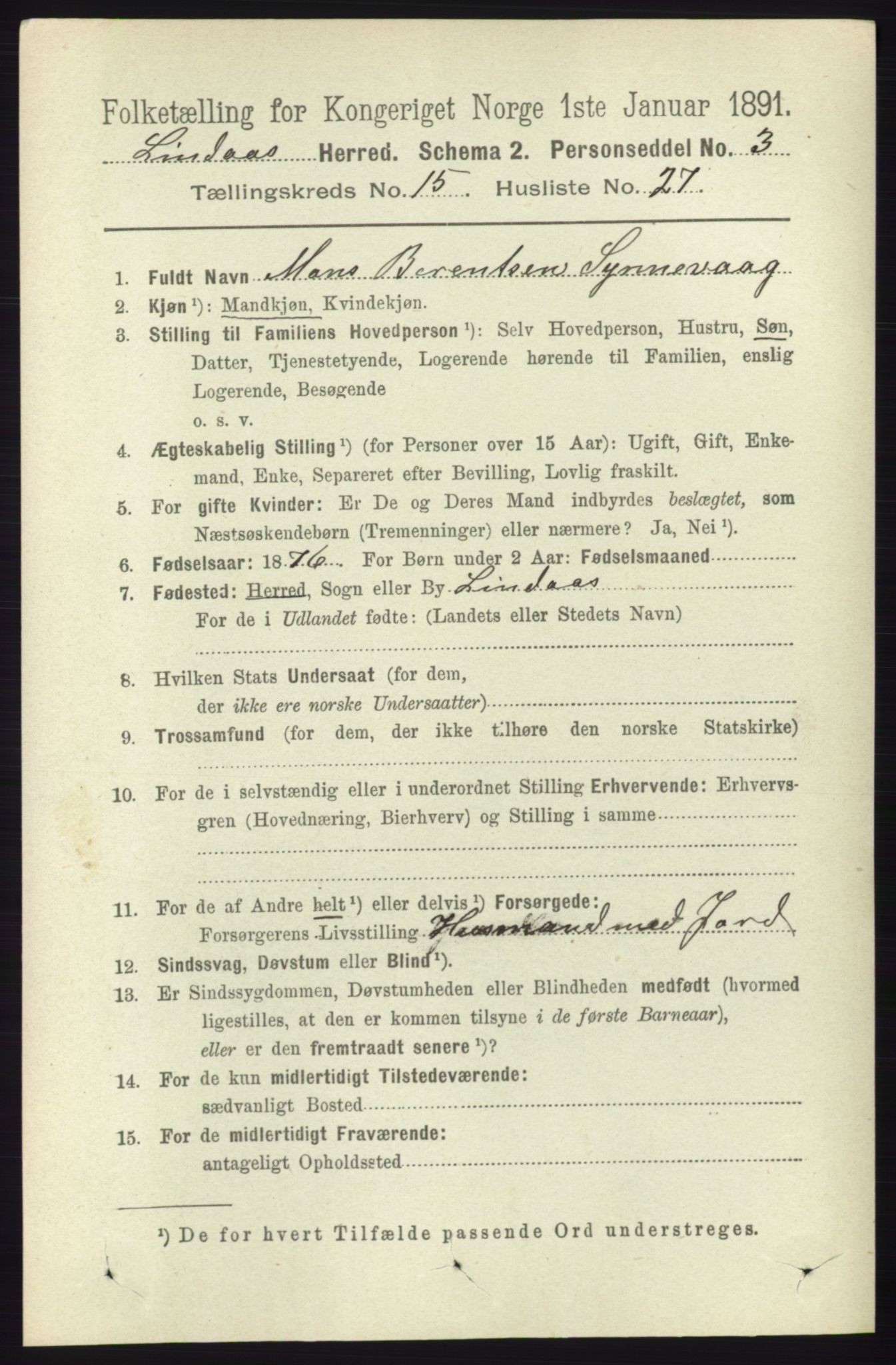 RA, 1891 census for 1263 Lindås, 1891, p. 5434