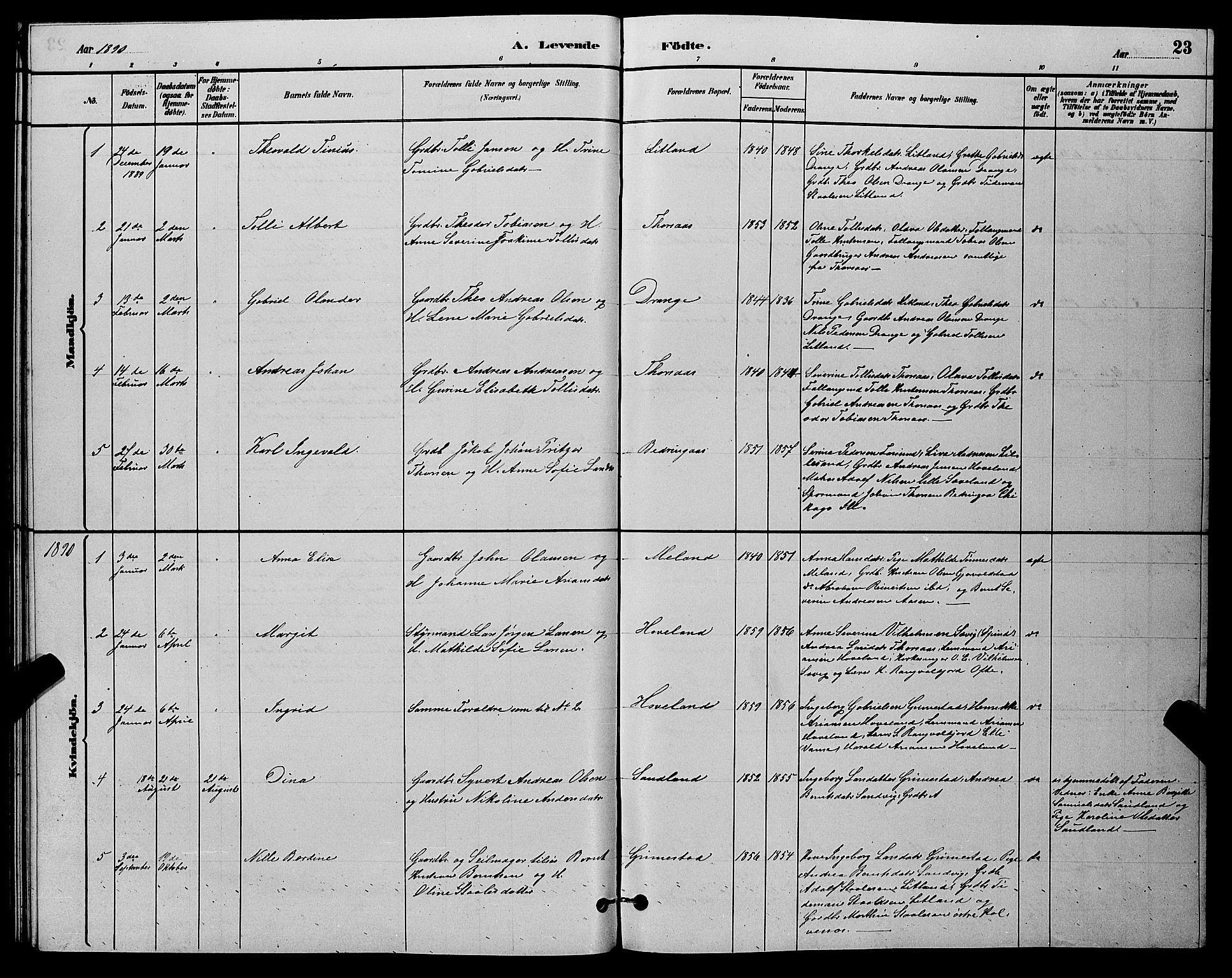 Herad sokneprestkontor, AV/SAK-1111-0018/F/Fb/Fba/L0004: Parish register (copy) no. B 4, 1882-1899, p. 23