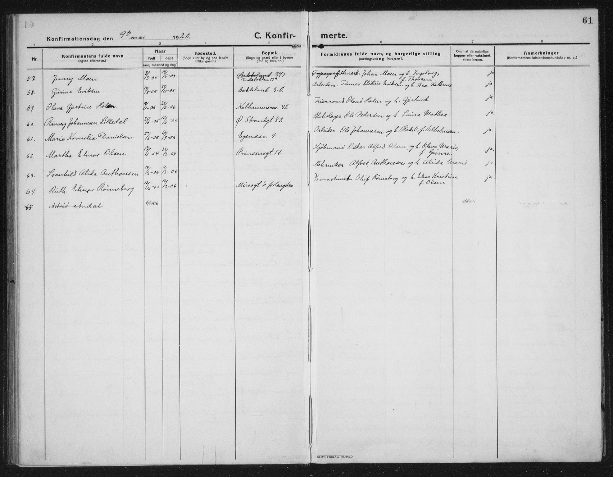 Domkirken sokneprestkontor, AV/SAST-A-101812/002/A/L0019: Parish register (official) no. A 35, 1916-1932, p. 61