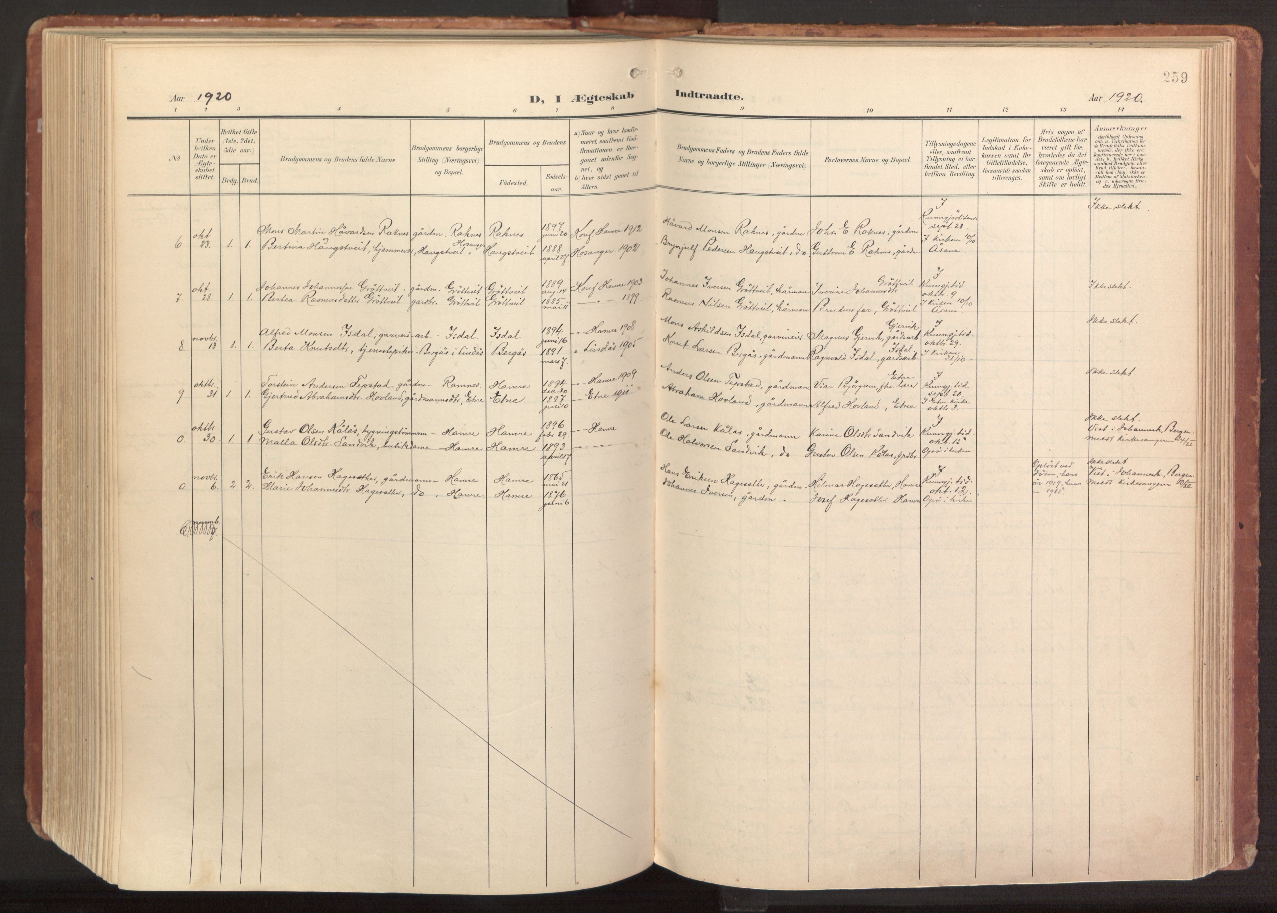 Hamre sokneprestembete, AV/SAB-A-75501/H/Ha/Haa/Haab/L0002: Parish register (official) no. B 2, 1905-1924, p. 259