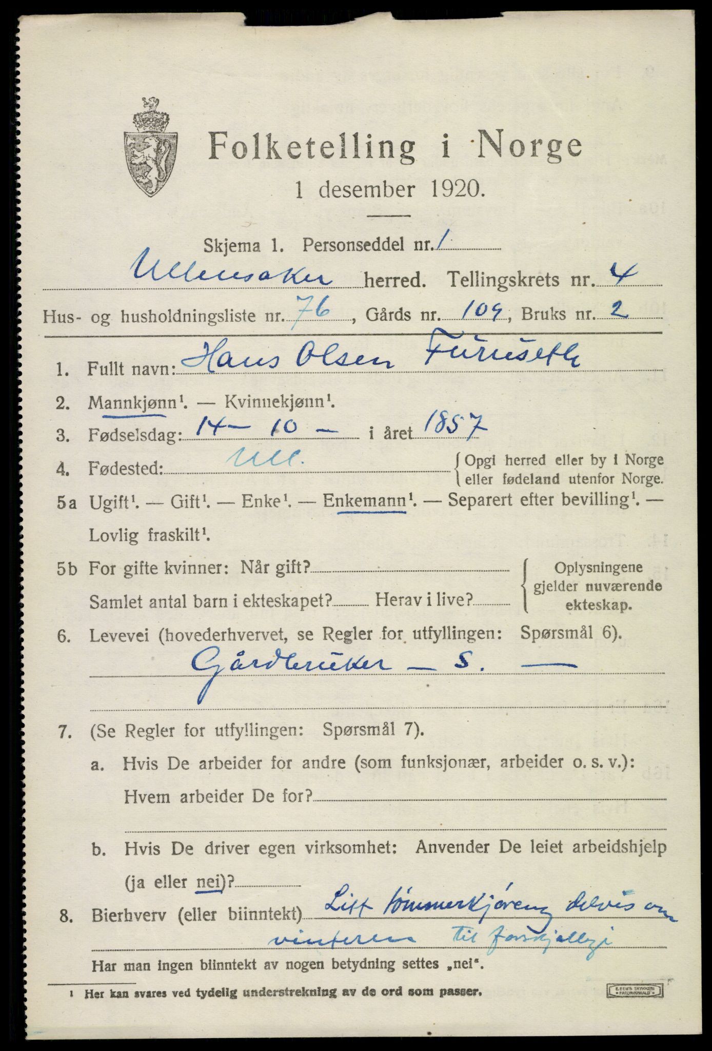 SAO, 1920 census for Ullensaker, 1920, p. 8173