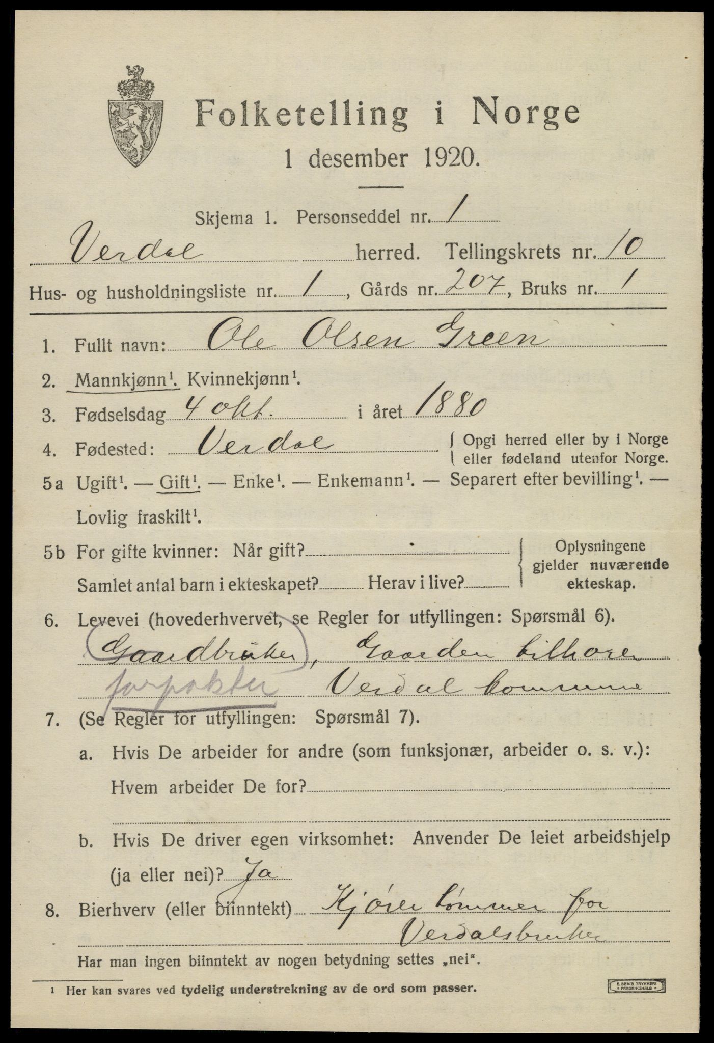 SAT, 1920 census for Verdal, 1920, p. 12145