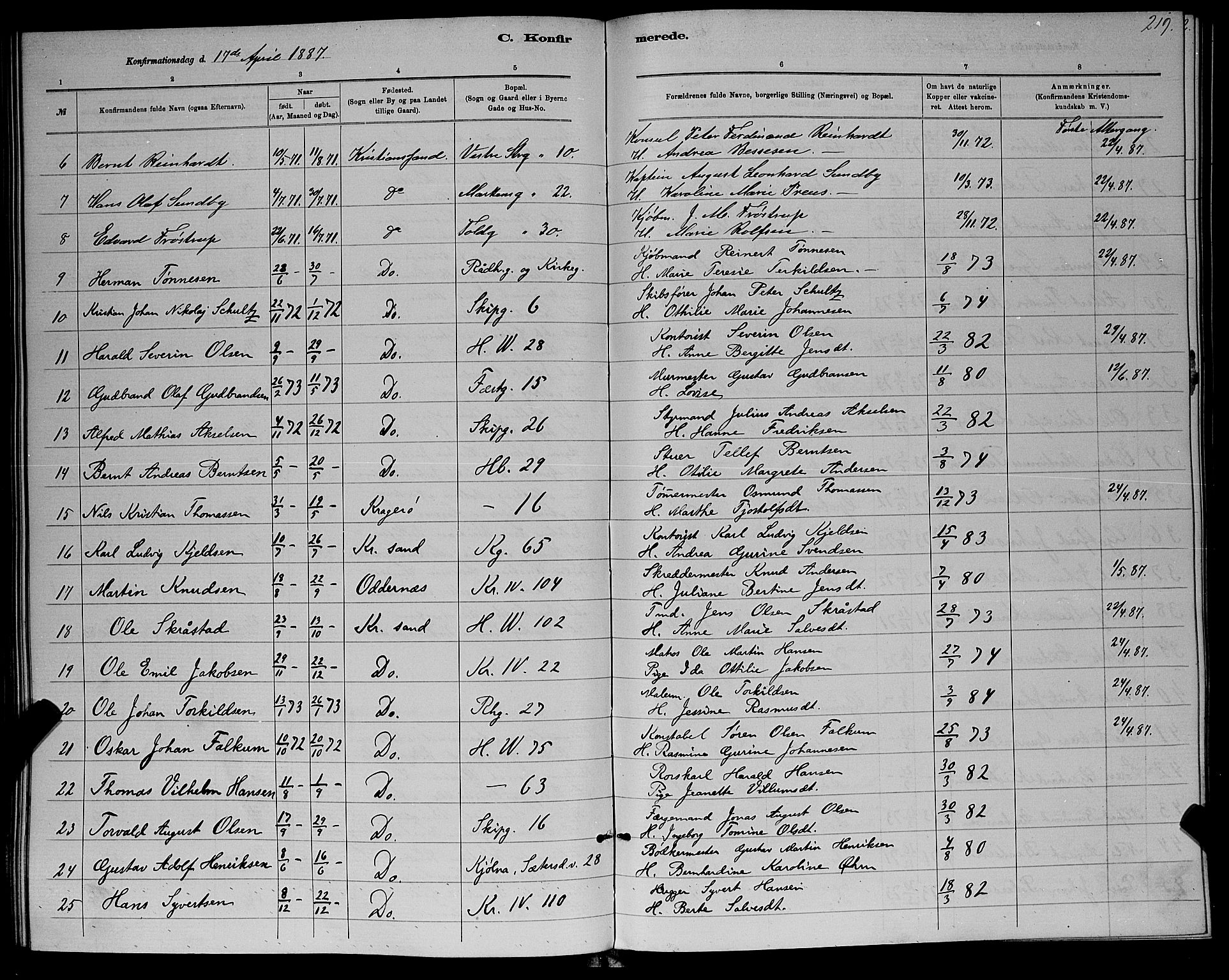 Kristiansand domprosti, AV/SAK-1112-0006/F/Fb/L0016: Parish register (copy) no. B 16, 1881-1893, p. 219