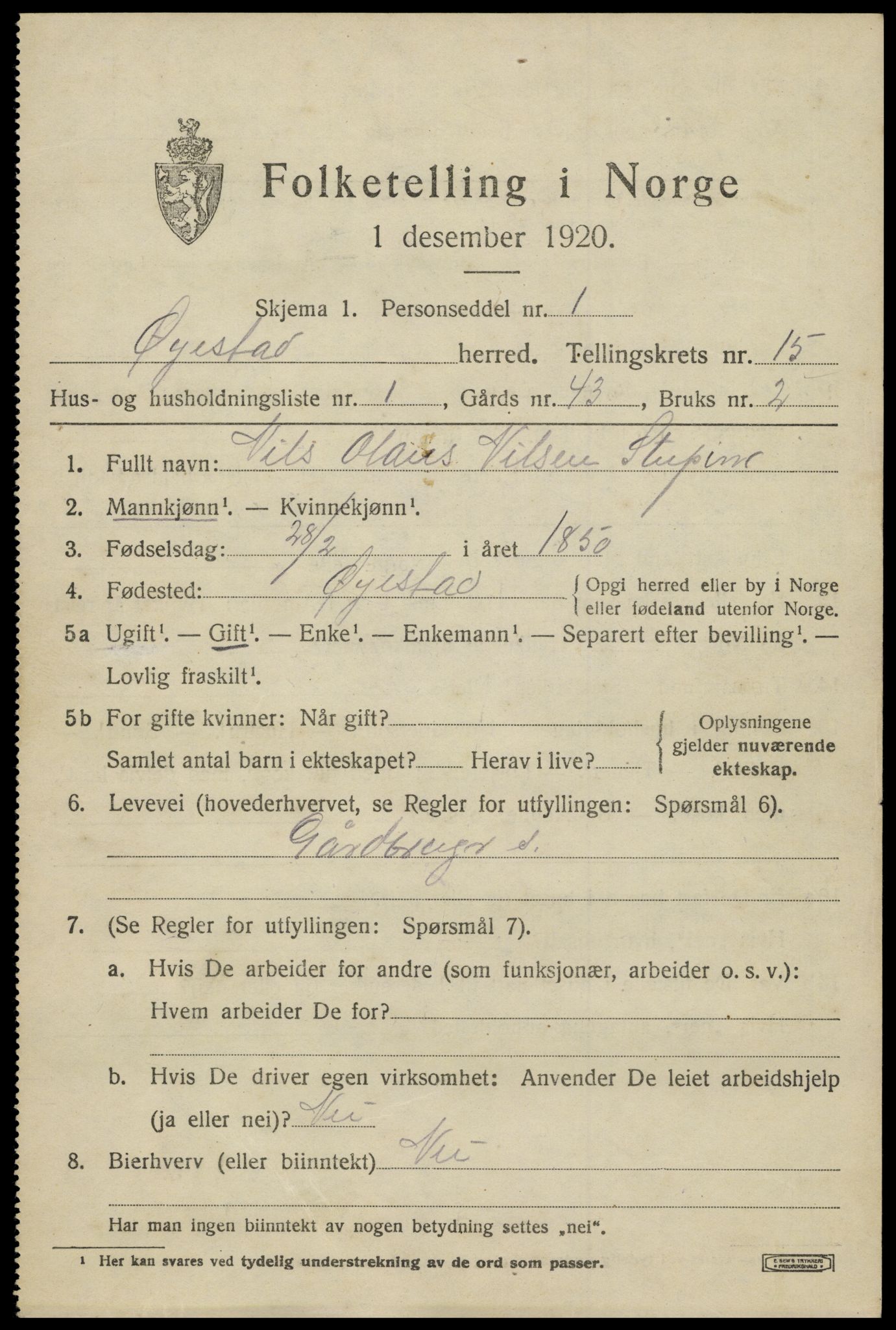 SAK, 1920 census for Øyestad, 1920, p. 10094