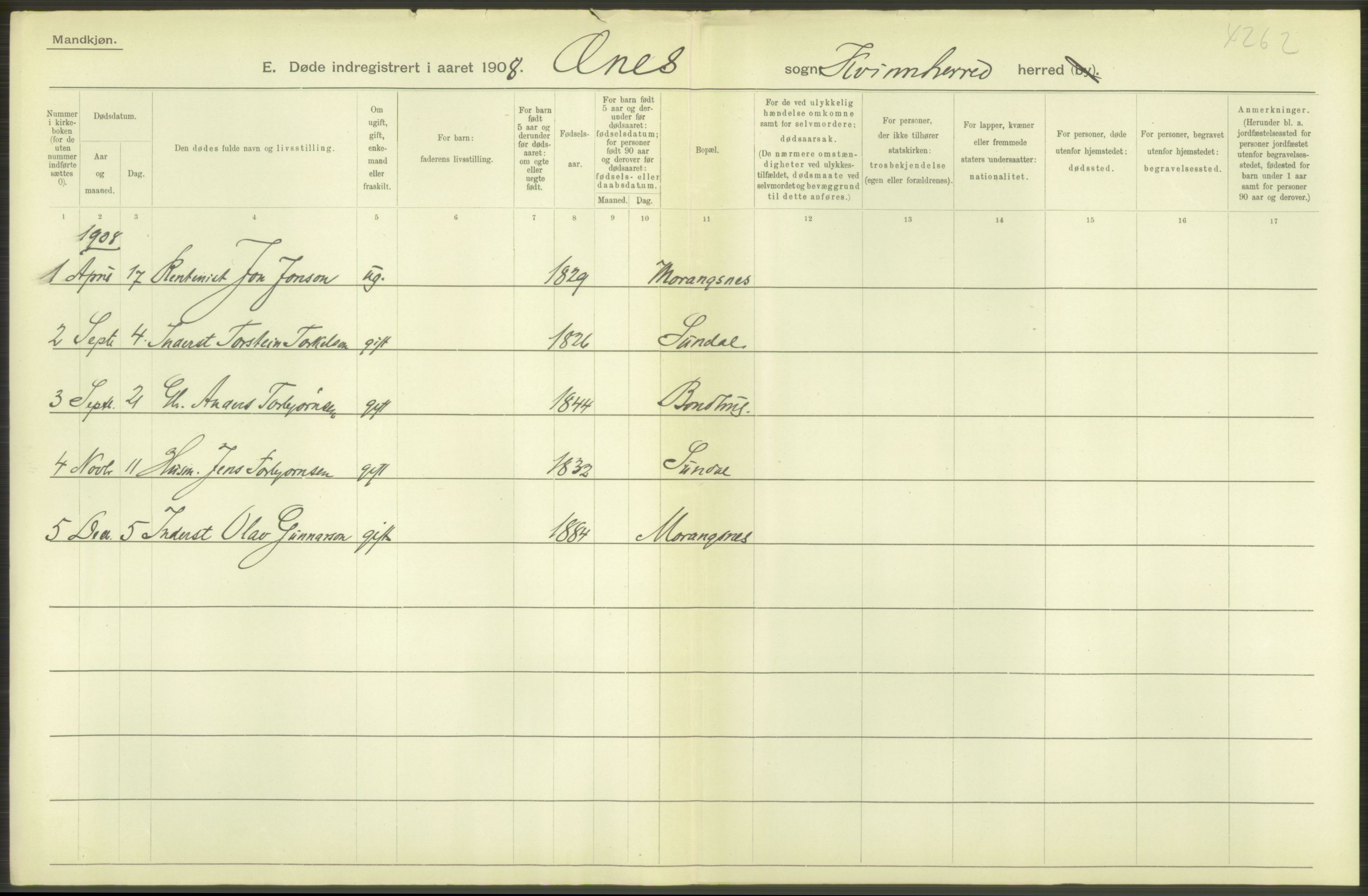 Statistisk sentralbyrå, Sosiodemografiske emner, Befolkning, AV/RA-S-2228/D/Df/Dfa/Dfaf/L0029: S. Bergenhus amt: Døde. Bygder., 1908, p. 16