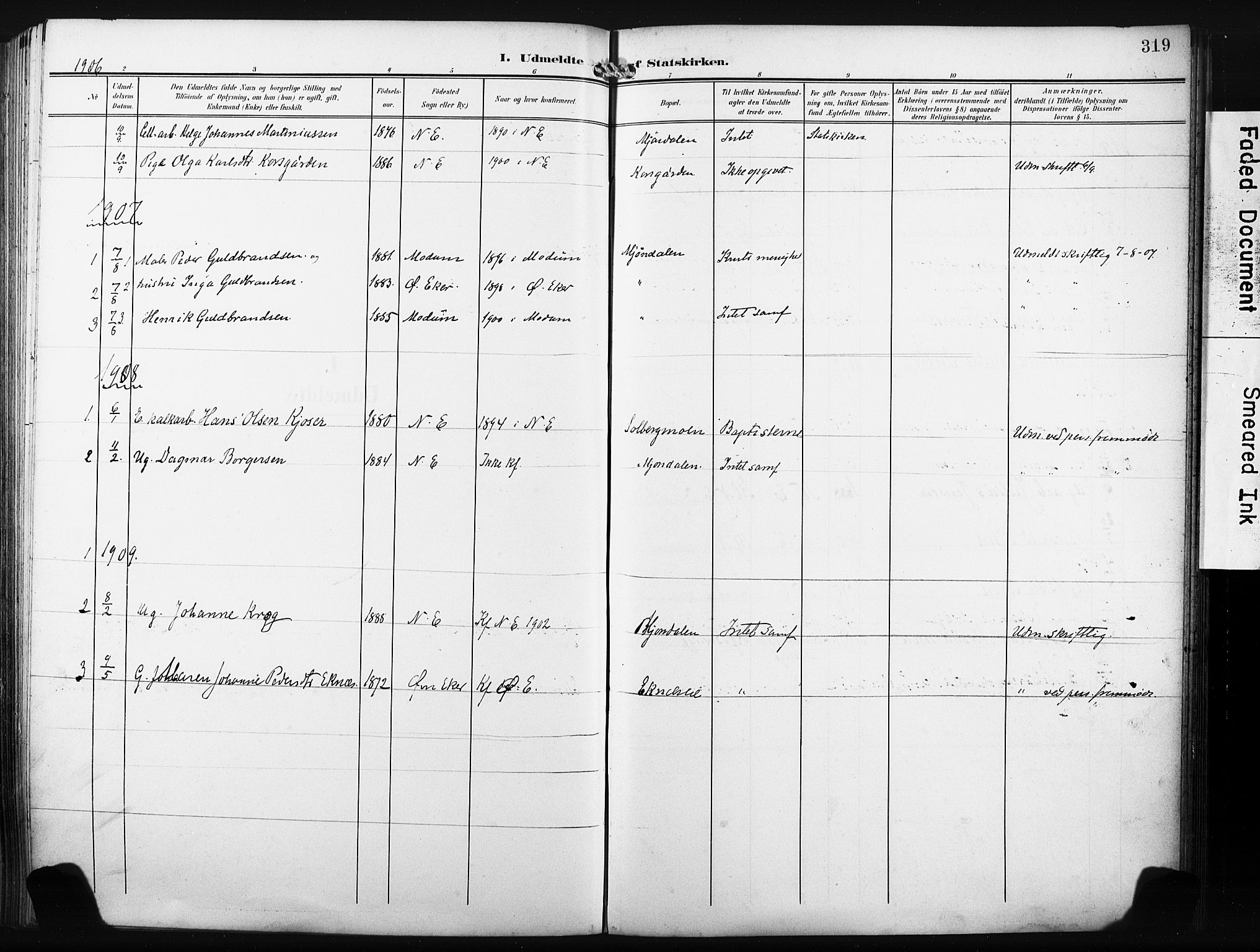 Nedre Eiker kirkebøker, AV/SAKO-A-612/F/Fa/L0006: Parish register (official) no. 6, 1906-1912, p. 319