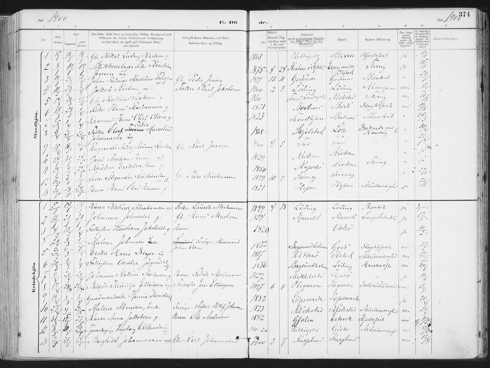 Ministerialprotokoller, klokkerbøker og fødselsregistre - Nordland, SAT/A-1459/802/L0055: Parish register (official) no. 802A02, 1894-1915, p. 374