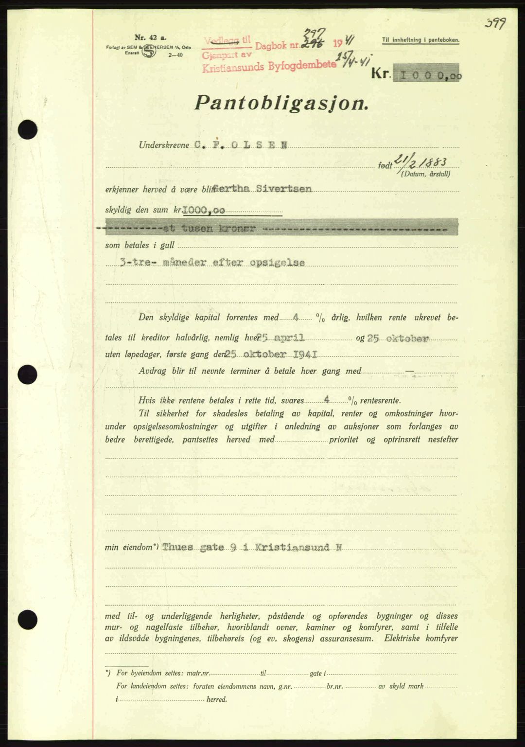 Kristiansund byfogd, AV/SAT-A-4587/A/27: Mortgage book no. 33, 1939-1941, Diary no: : 297/1941