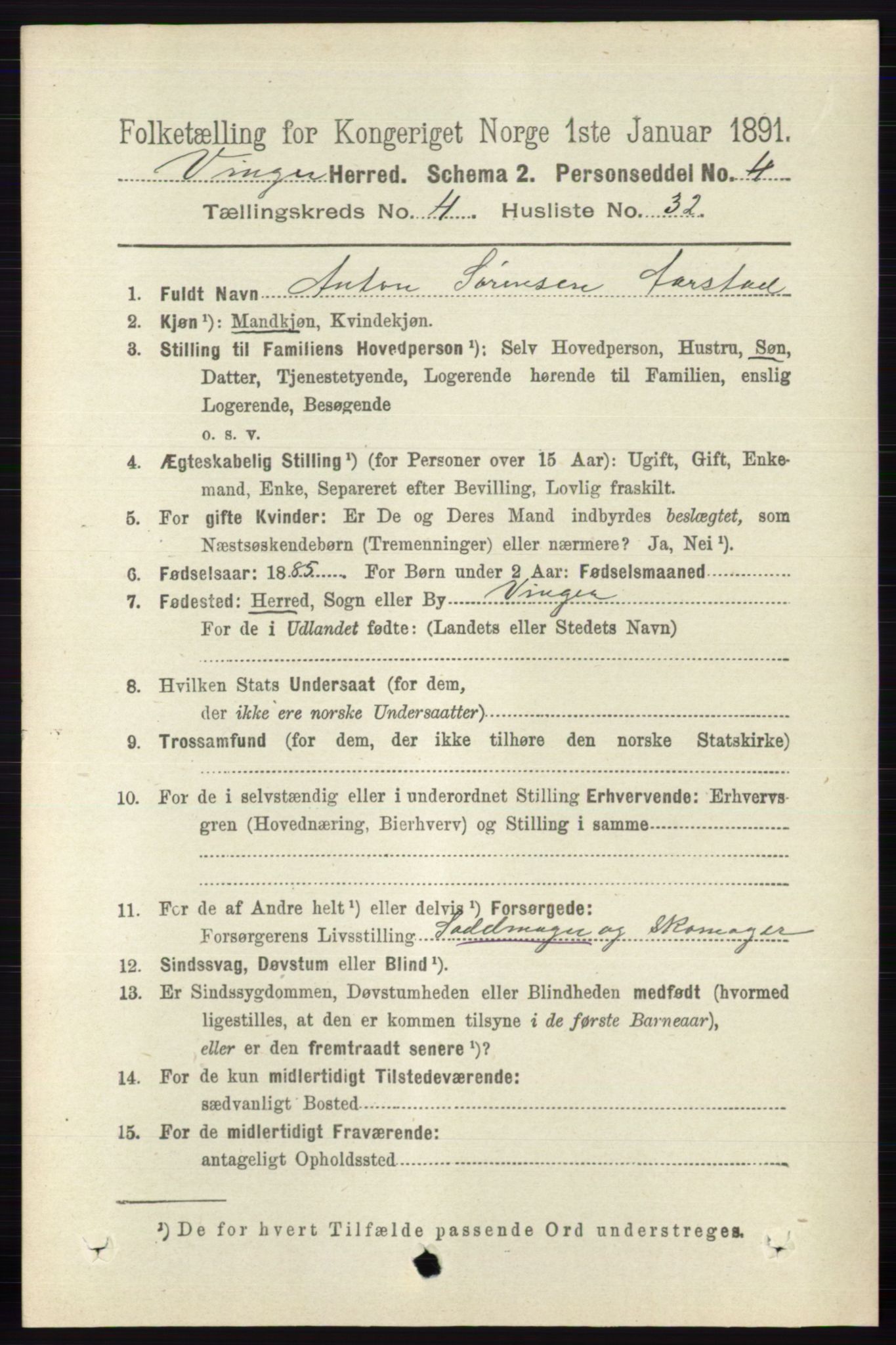RA, 1891 census for 0421 Vinger, 1891, p. 1796