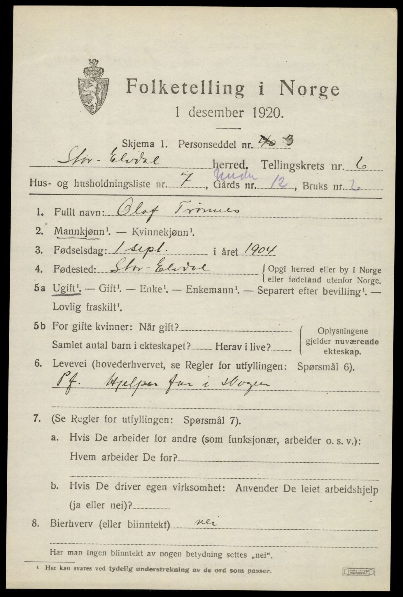 SAH, 1920 census for Stor-Elvdal, 1920, p. 4988