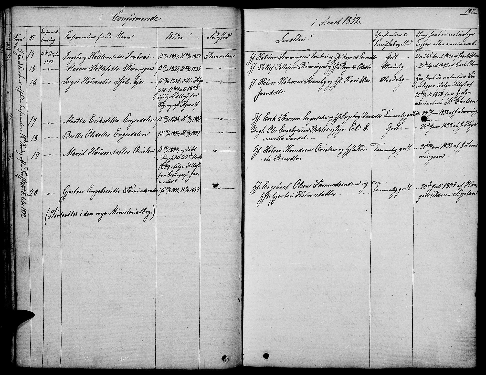 Rendalen prestekontor, SAH/PREST-054/H/Ha/Haa/L0004: Parish register (official) no. 4, 1829-1852, p. 147