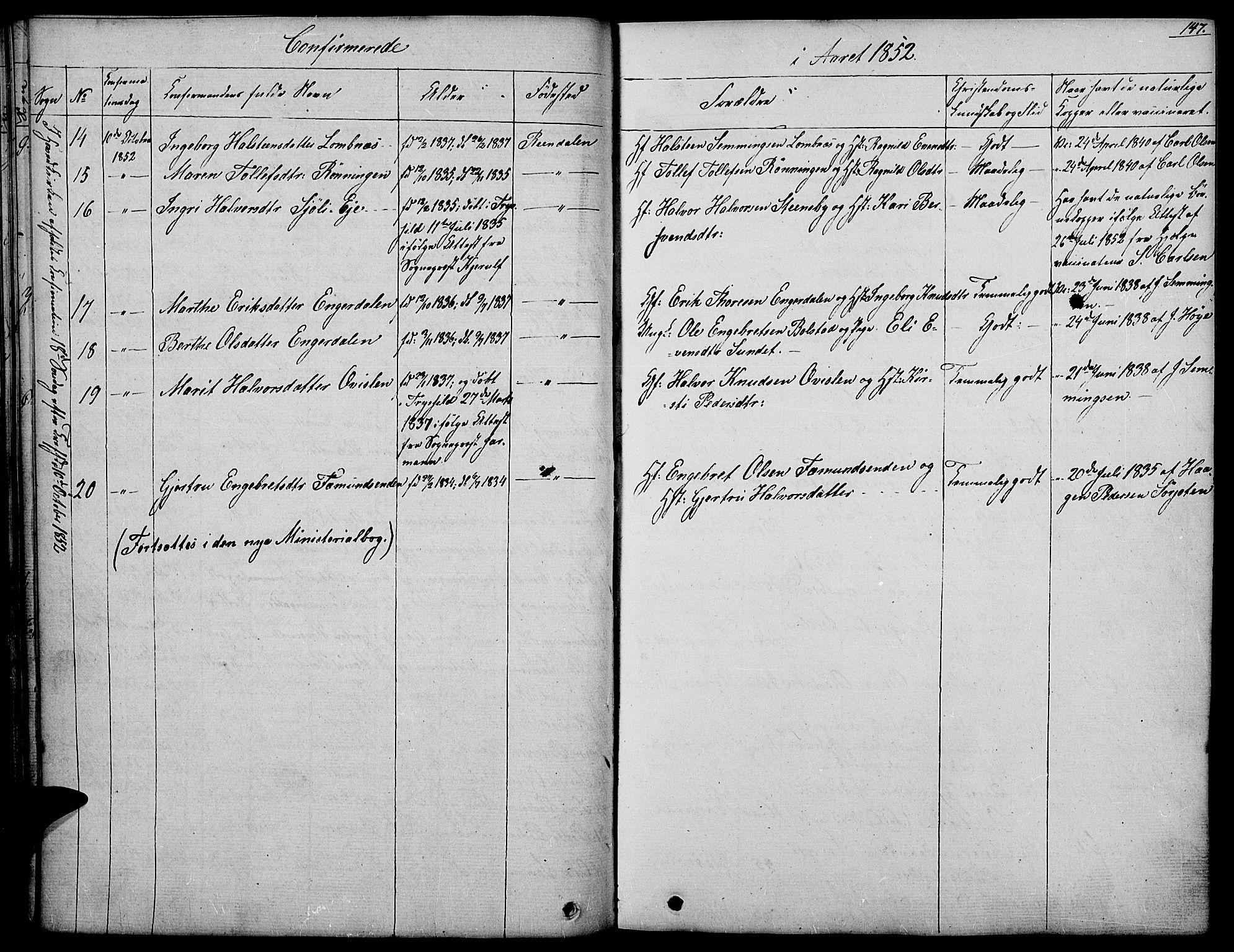 Rendalen prestekontor, AV/SAH-PREST-054/H/Ha/Haa/L0004: Parish register (official) no. 4, 1829-1852, p. 147