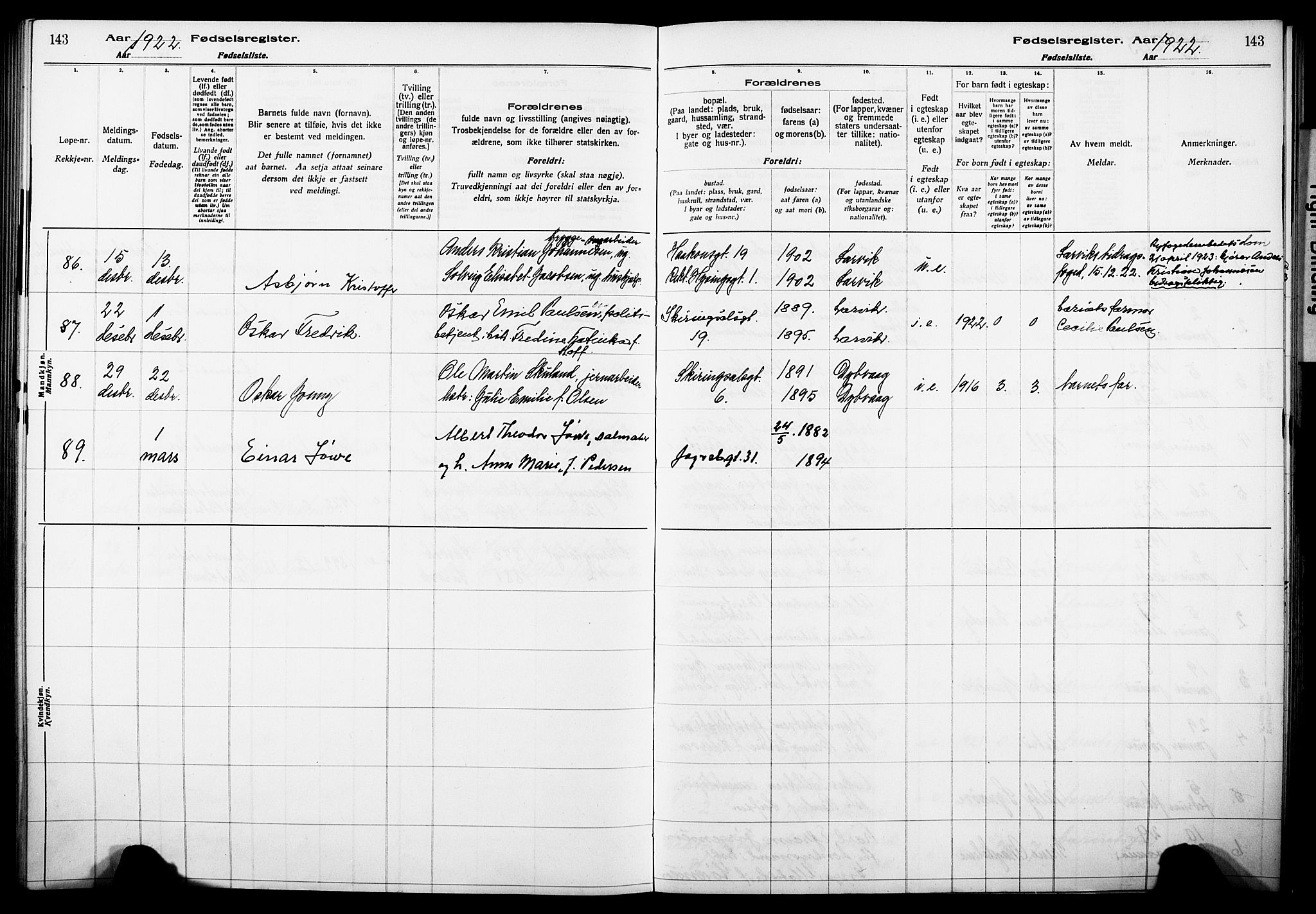 Larvik kirkebøker, AV/SAKO-A-352/J/Ja/L0001: Birth register no. I 1, 1916-1926, p. 143