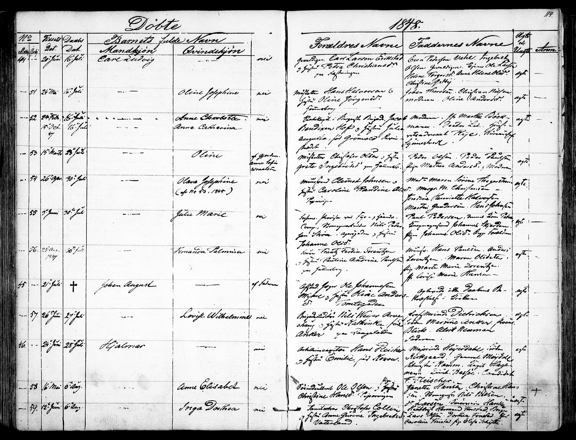 Garnisonsmenigheten Kirkebøker, AV/SAO-A-10846/F/Fa/L0008: Parish register (official) no. 8, 1842-1859, p. 114