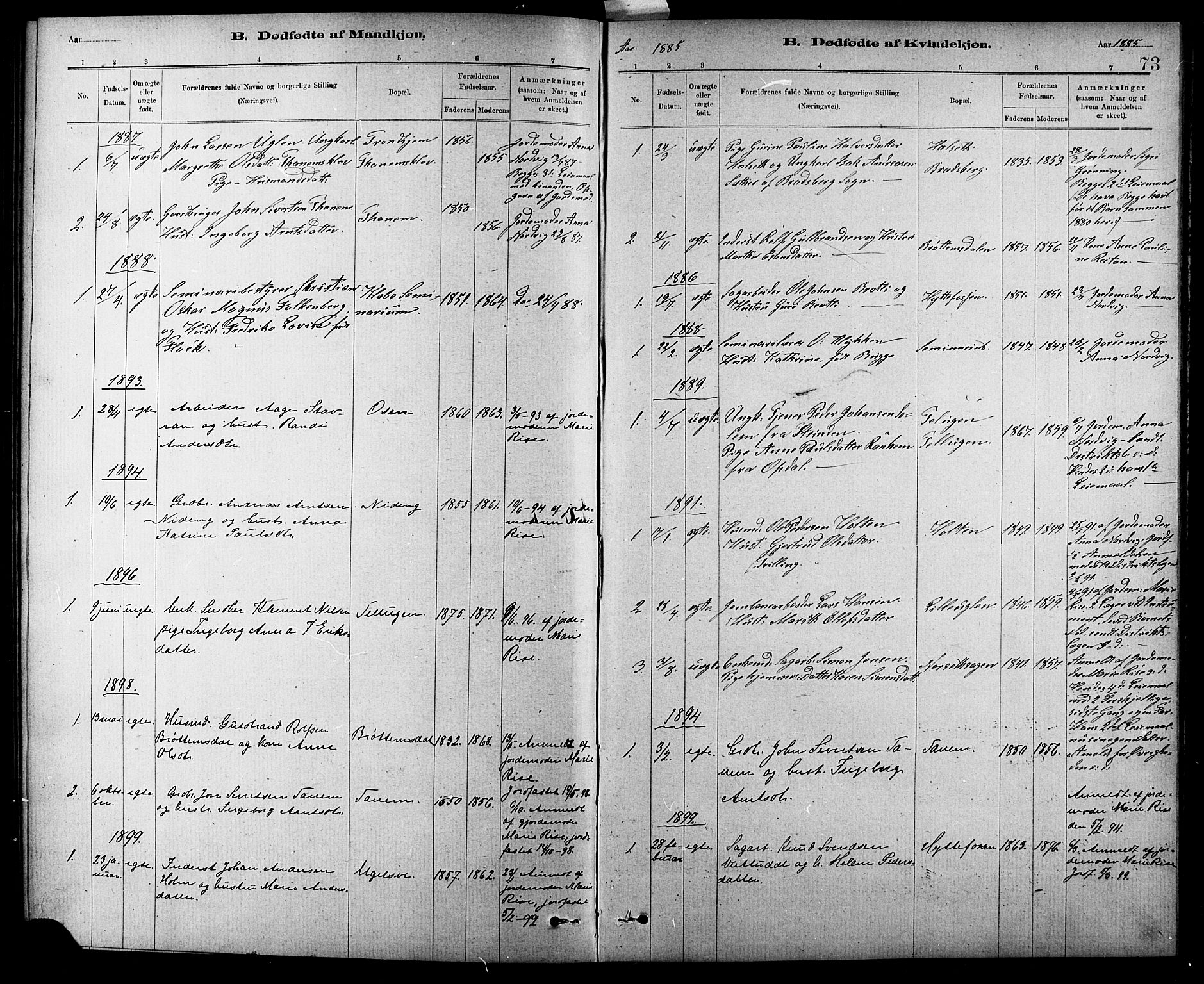 Ministerialprotokoller, klokkerbøker og fødselsregistre - Sør-Trøndelag, SAT/A-1456/618/L0452: Parish register (copy) no. 618C03, 1884-1906, p. 73