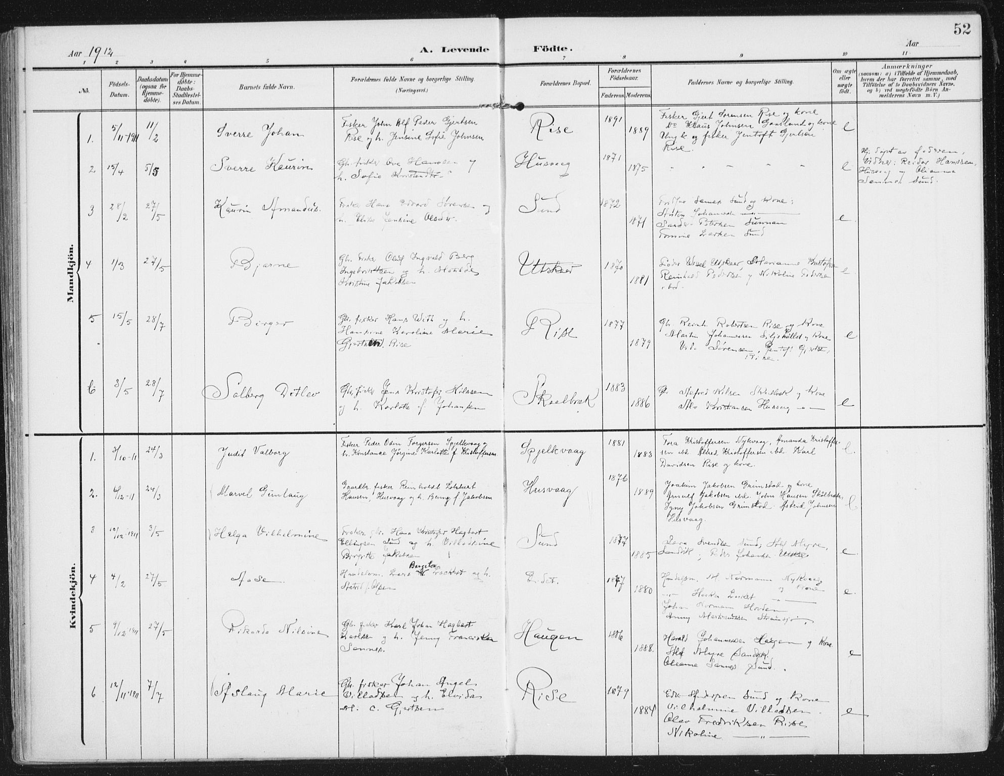 Ministerialprotokoller, klokkerbøker og fødselsregistre - Nordland, SAT/A-1459/892/L1321: Parish register (official) no. 892A02, 1902-1918, p. 52