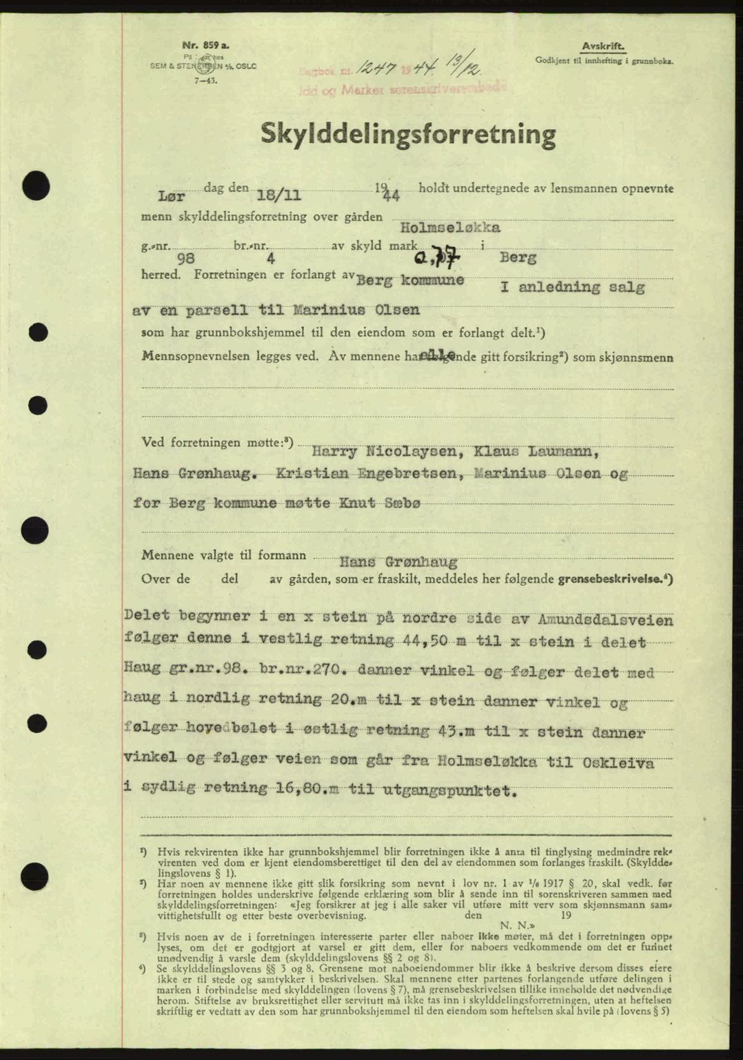 Idd og Marker sorenskriveri, AV/SAO-A-10283/G/Gb/Gbb/L0007: Mortgage book no. A7, 1944-1945, Diary no: : 1247/1944