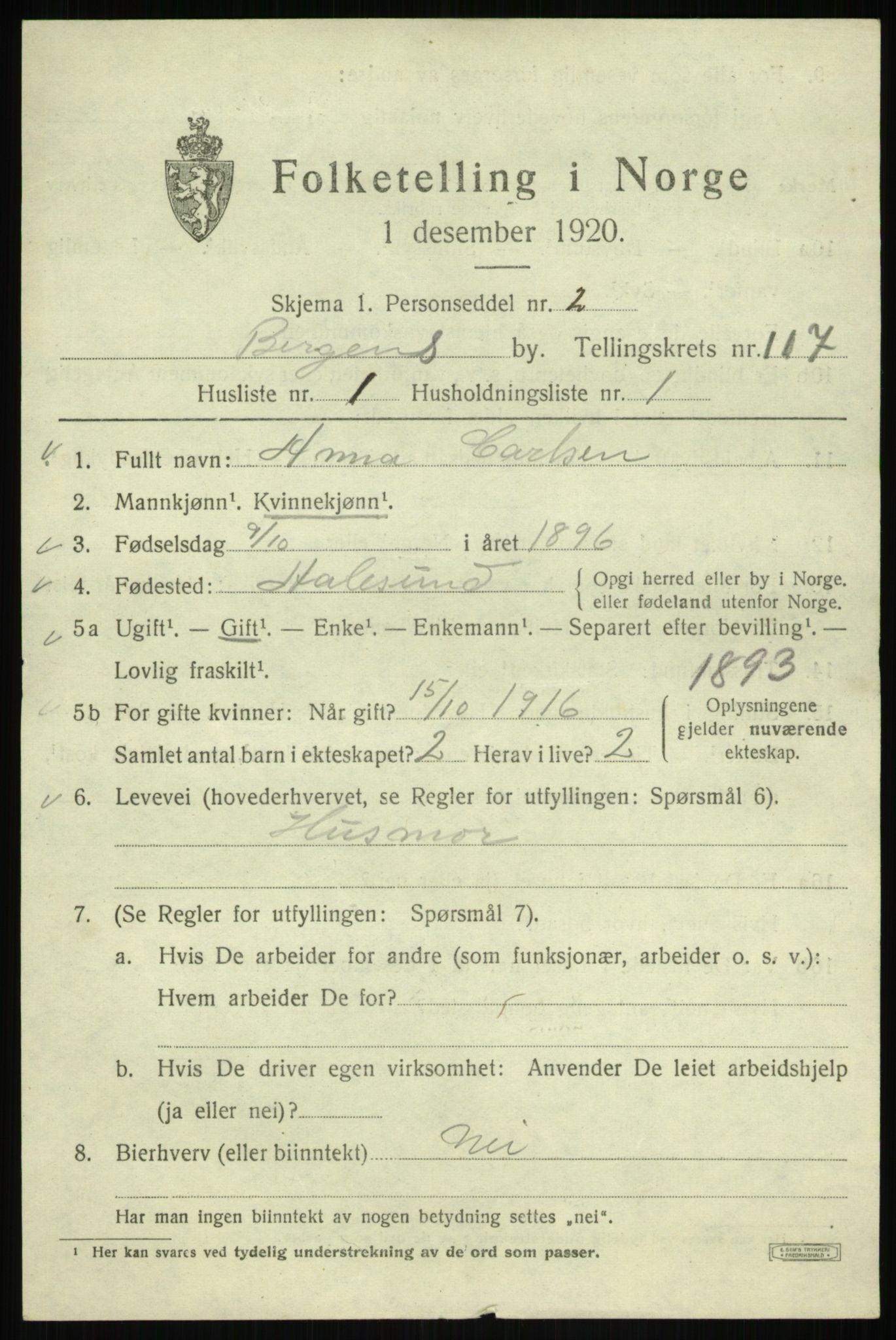 SAB, 1920 census for Bergen, 1920, p. 197743