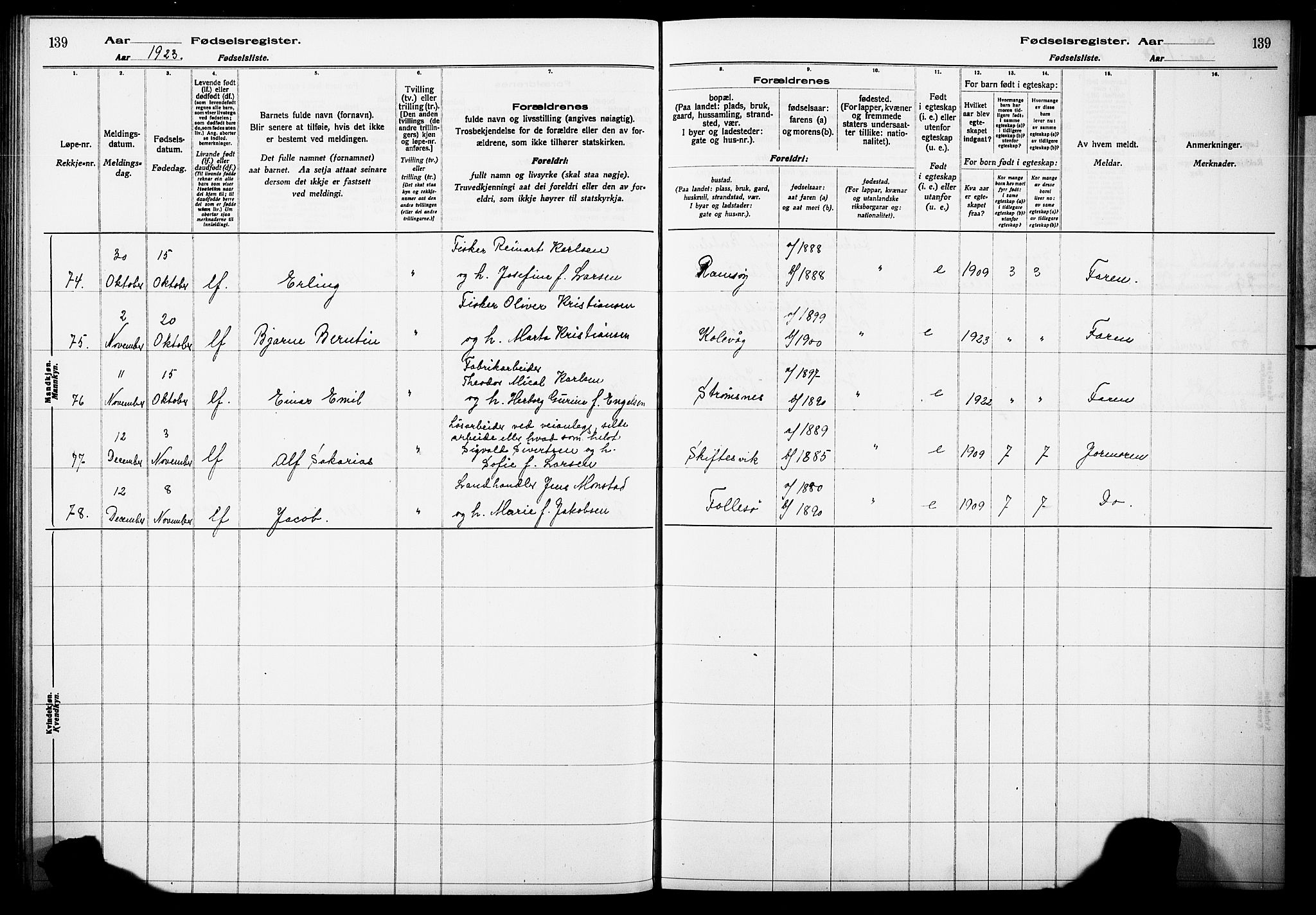 Askøy Sokneprestembete, AV/SAB-A-74101/I/Id/L00A1: Birth register no. A 1, 1916-1928, p. 139