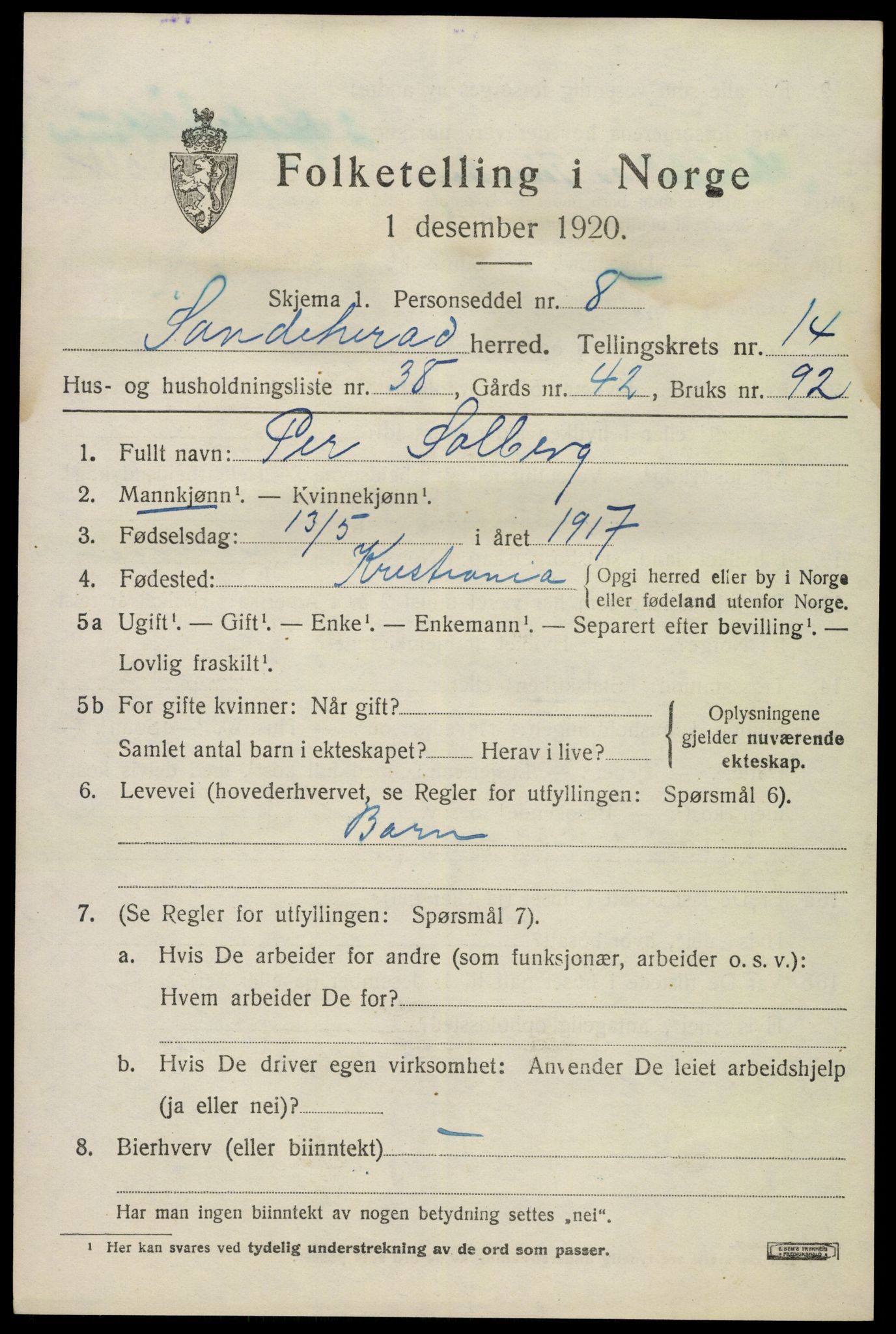 SAKO, 1920 census for Sandeherred, 1920, p. 20712