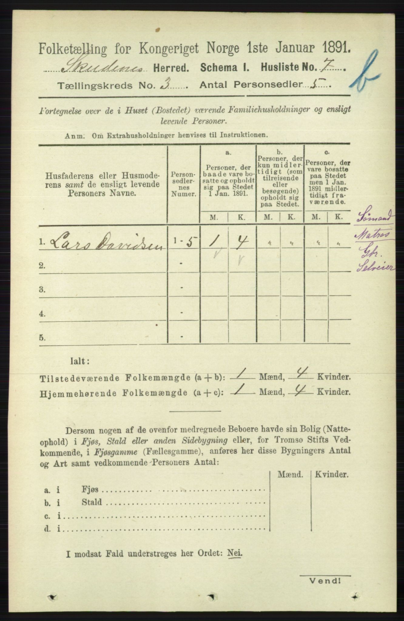 RA, 1891 census for 1150 Skudenes, 1891, p. 3917