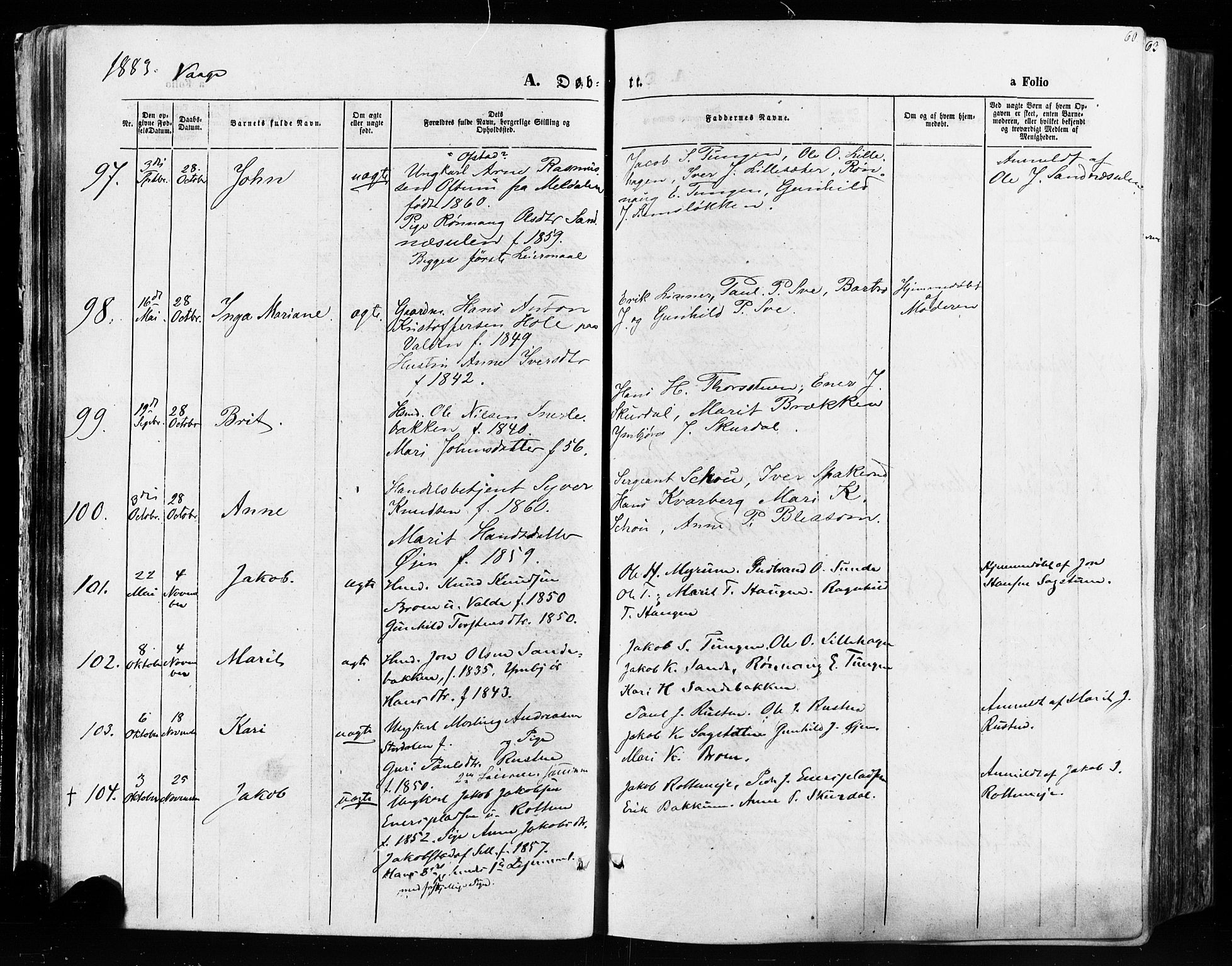 Vågå prestekontor, SAH/PREST-076/H/Ha/Haa/L0007: Parish register (official) no. 7 /1, 1872-1886, p. 60