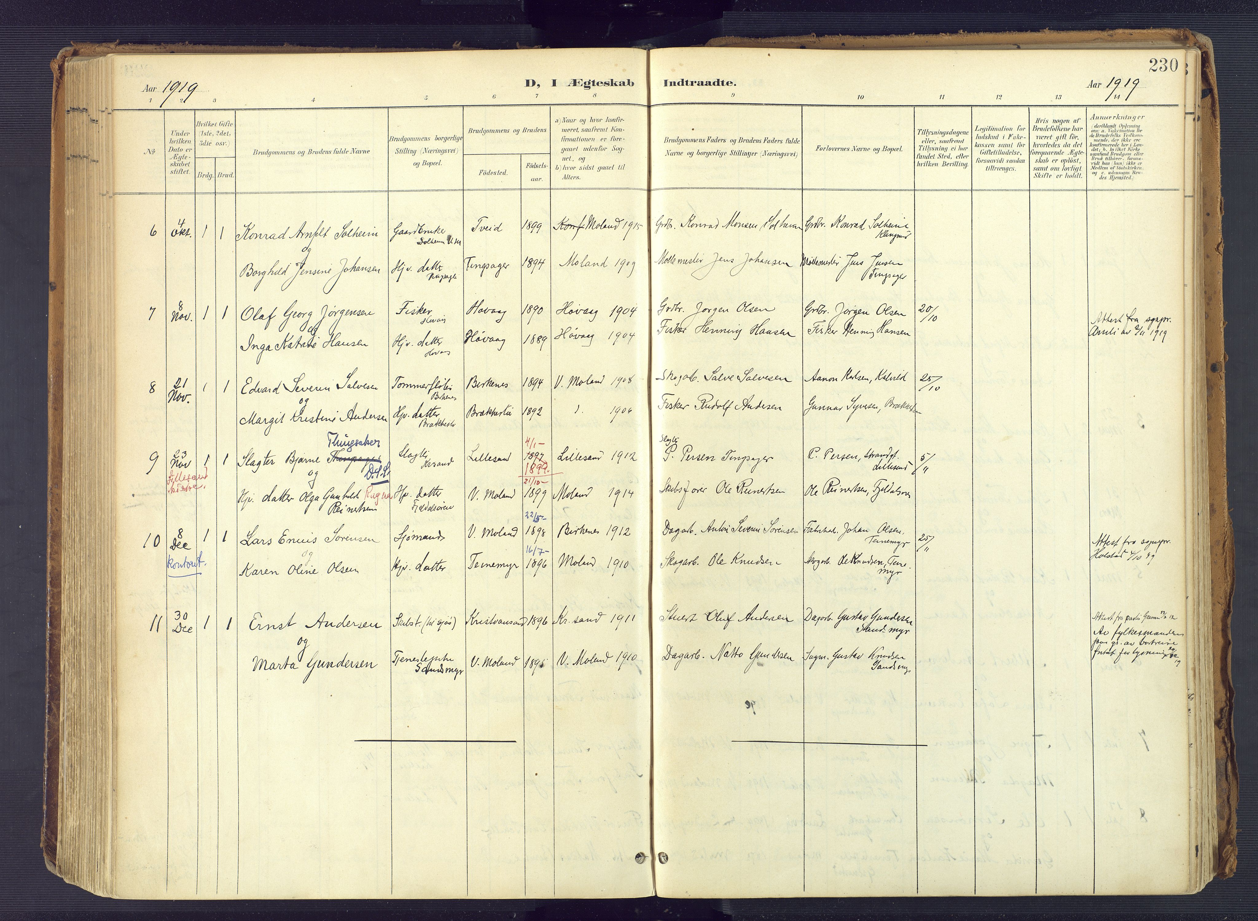 Vestre Moland sokneprestkontor, SAK/1111-0046/F/Fa/Fab/L0010: Parish register (official) no. A 10, 1900-1926, p. 230