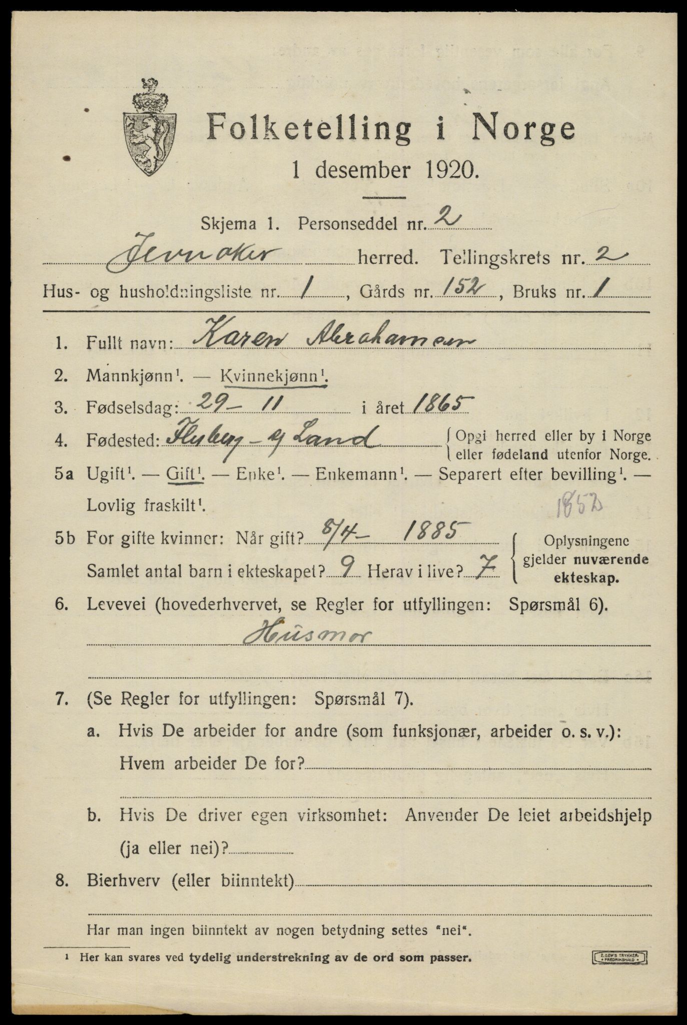 SAH, 1920 census for Jevnaker, 1920, p. 1409