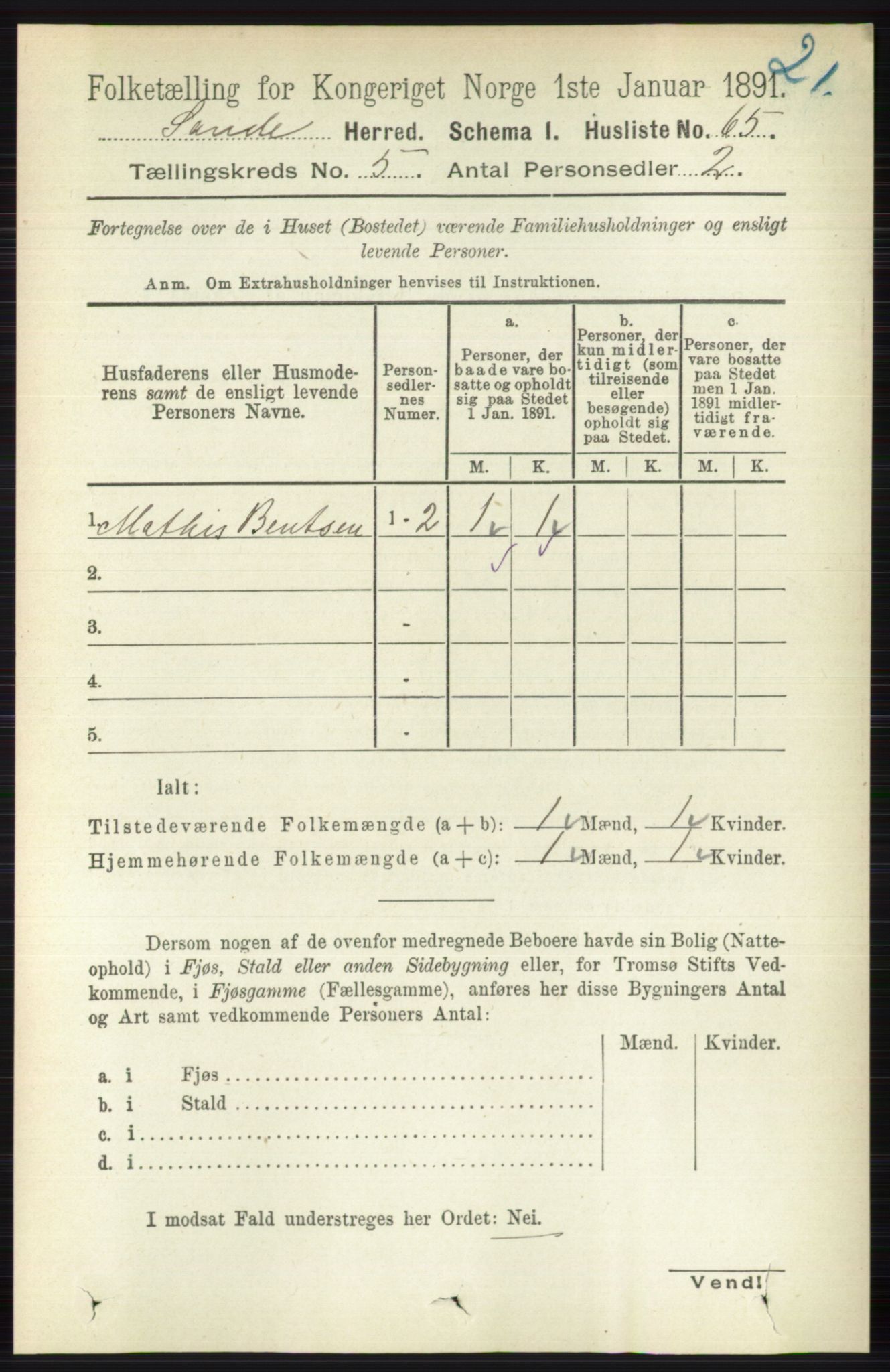 RA, 1891 census for 0713 Sande, 1891, p. 2124