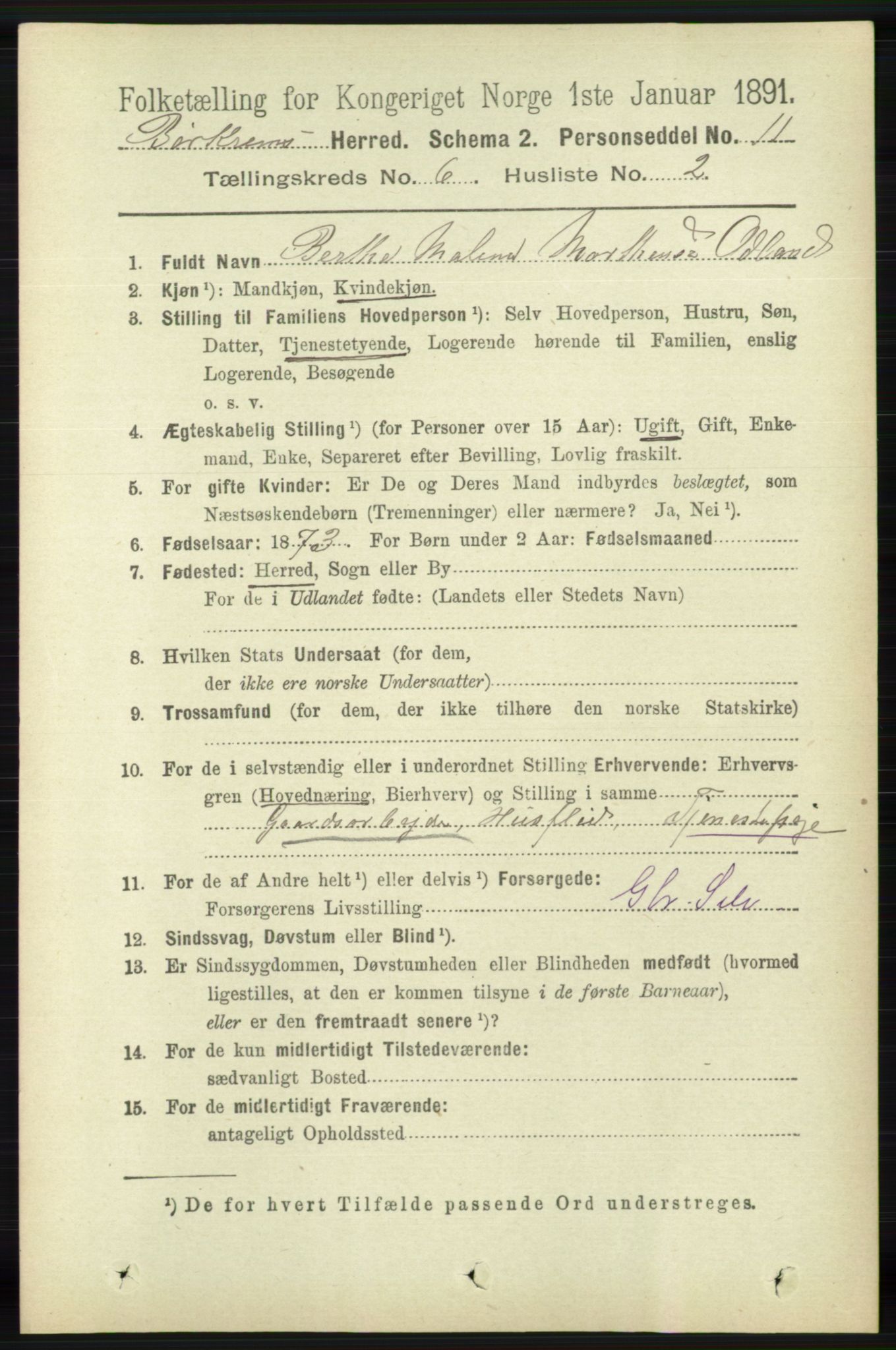 RA, 1891 census for 1114 Bjerkreim, 1891, p. 2072