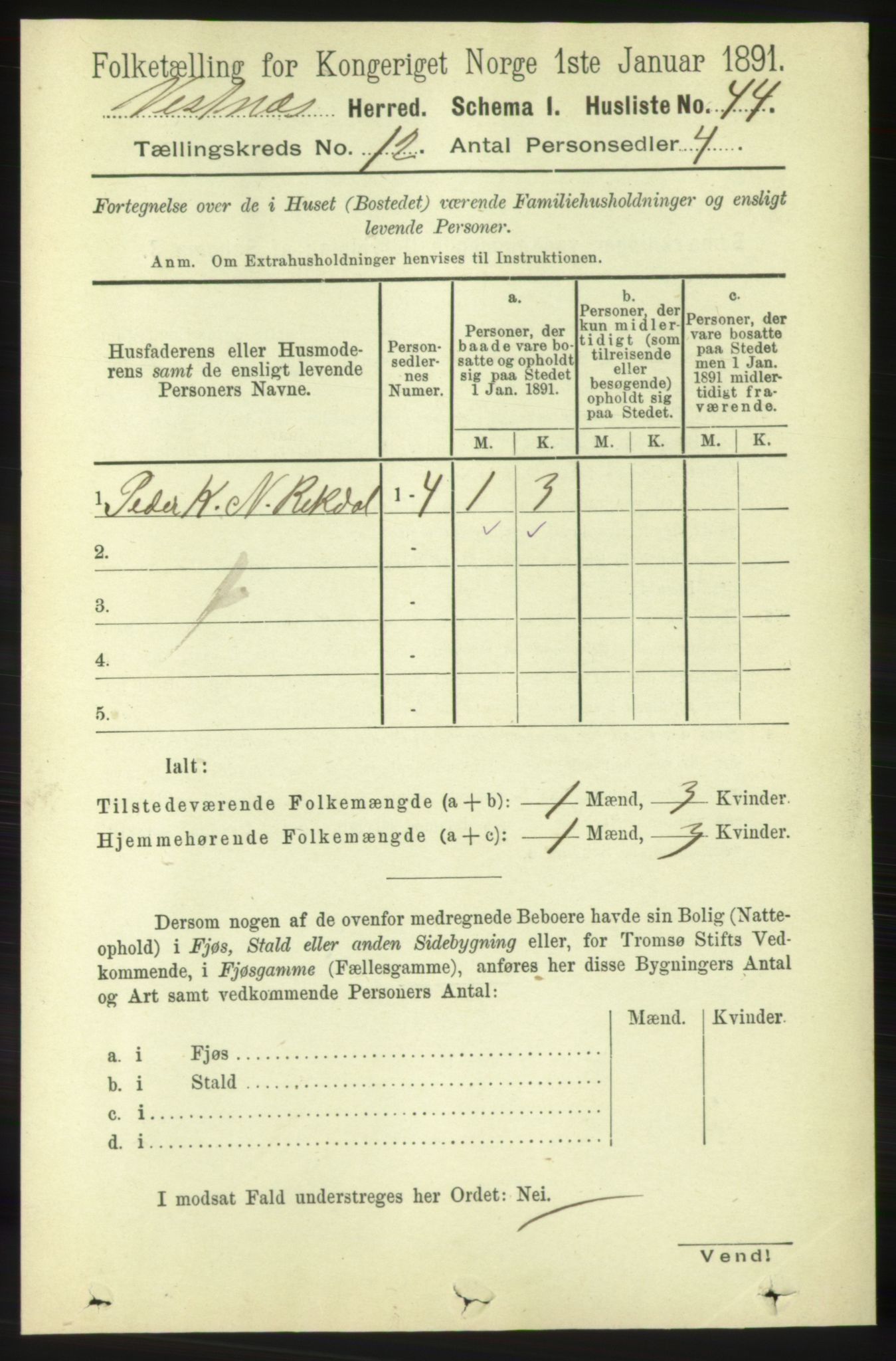 RA, 1891 census for 1535 Vestnes, 1891, p. 4412