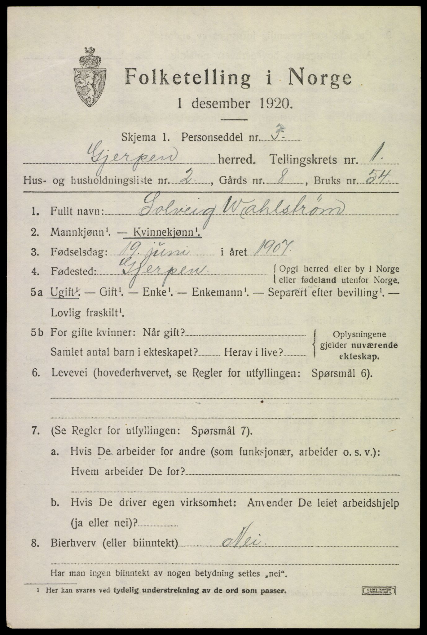 SAKO, 1920 census for Gjerpen, 1920, p. 2704