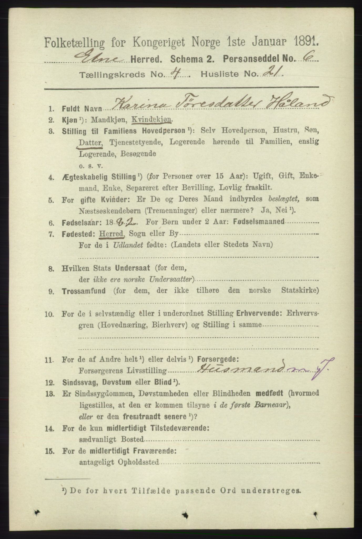 RA, 1891 census for 1211 Etne, 1891, p. 982