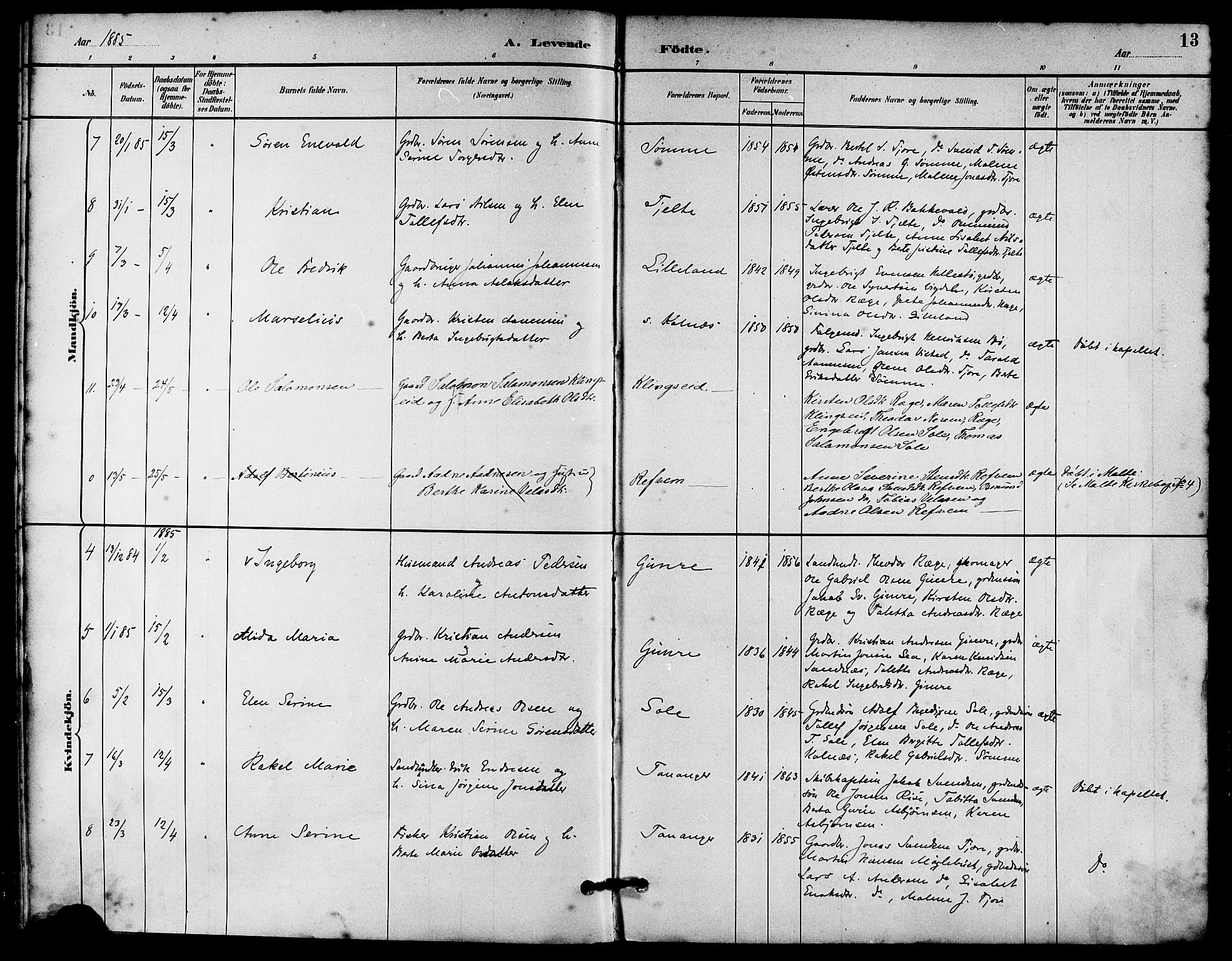 Håland sokneprestkontor, AV/SAST-A-101802/001/30BA/L0010: Parish register (official) no. A 9, 1883-1888, p. 13