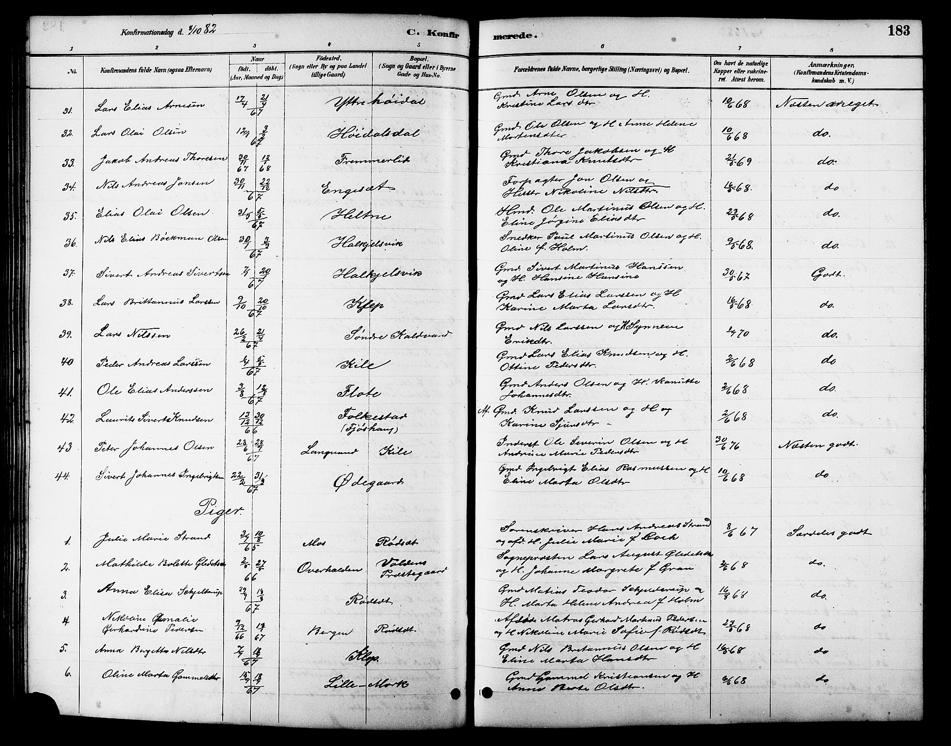 Ministerialprotokoller, klokkerbøker og fødselsregistre - Møre og Romsdal, SAT/A-1454/511/L0158: Parish register (copy) no. 511C04, 1884-1903, p. 183