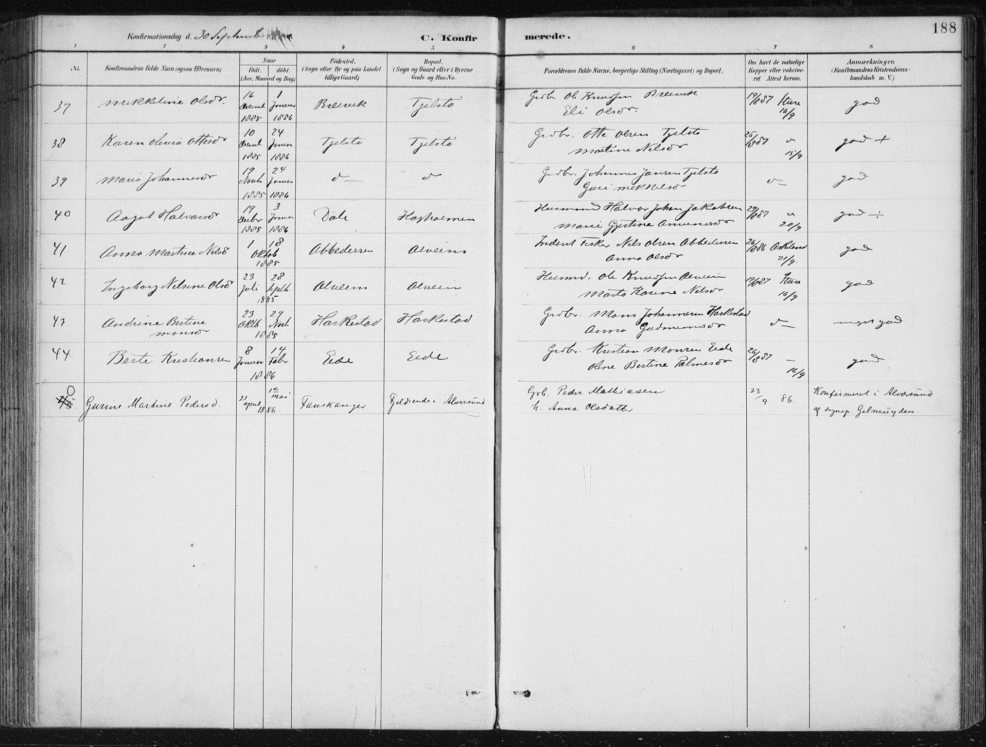 Herdla Sokneprestembete, AV/SAB-A-75701/H/Haa: Parish register (official) no. A 4, 1891-1905, p. 188